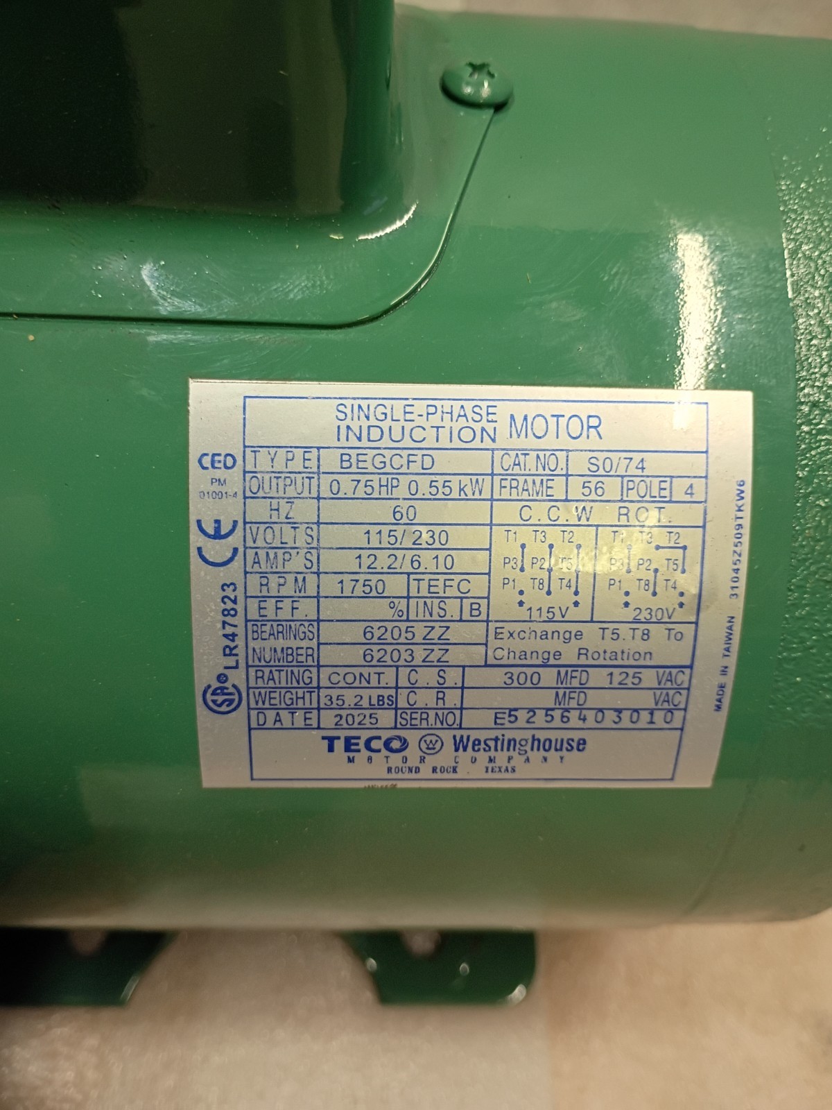 Teco 3/4 HP Farm Duty Electric Motor 1750RPM 115/230V 1 Ph TEFC Frame 56