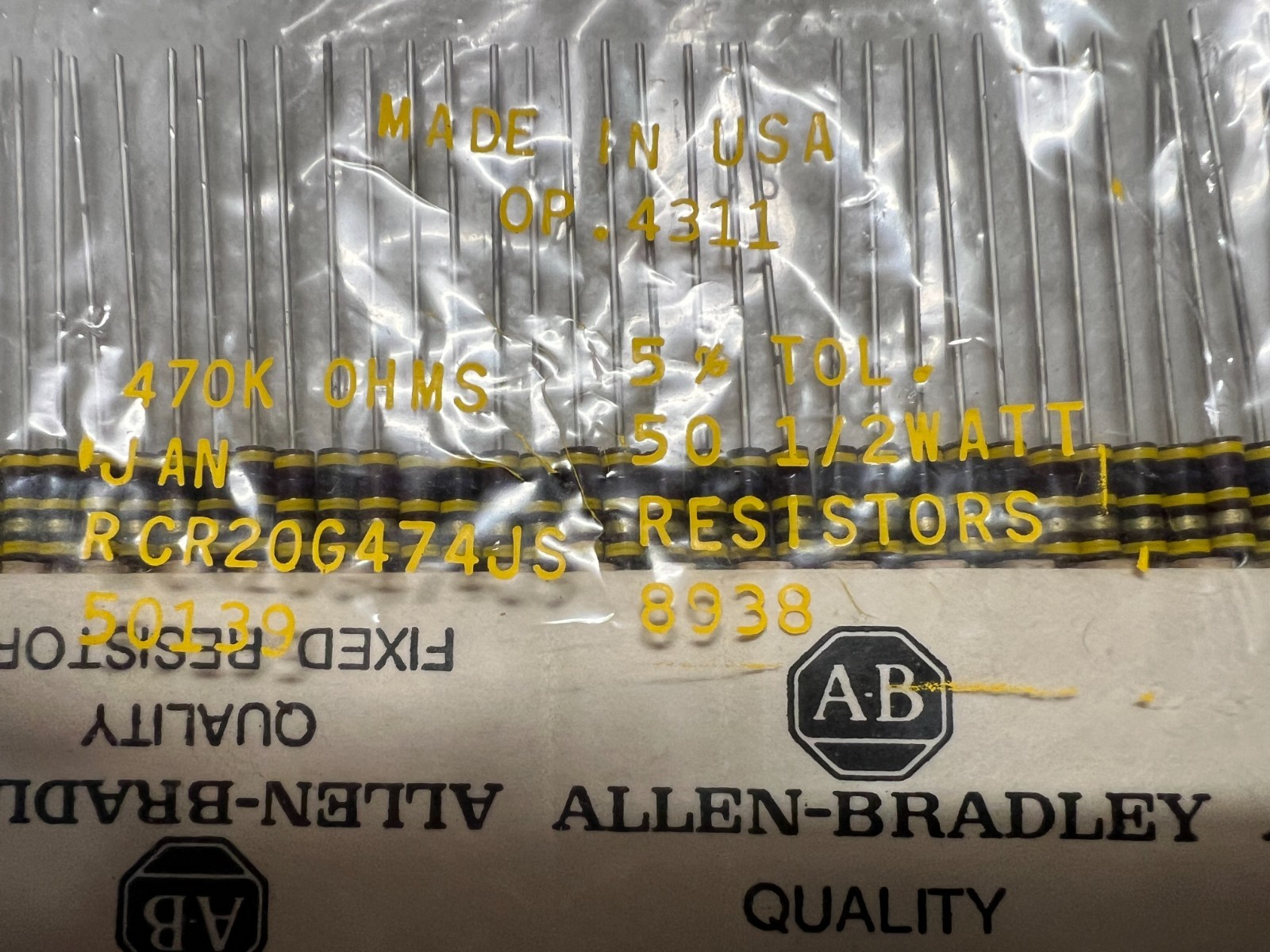 50X/Bag of Allen Bradley RCR20G474JS, 470K 0.5W 5% Carbon Composition Resistor.