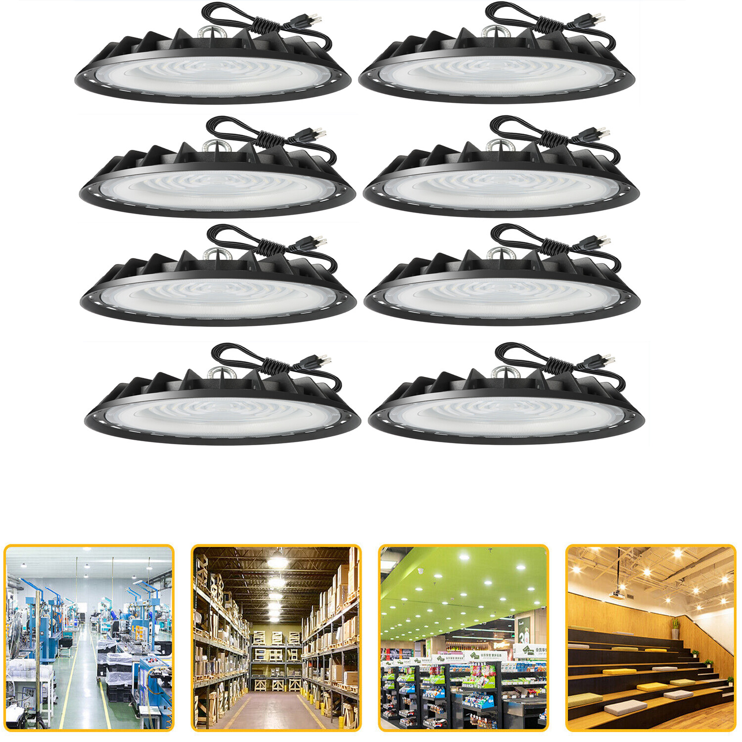 8Pcs 200W UFO LED High Bay Light 6000K IP65 for Warehouse Factory Commercial Bay