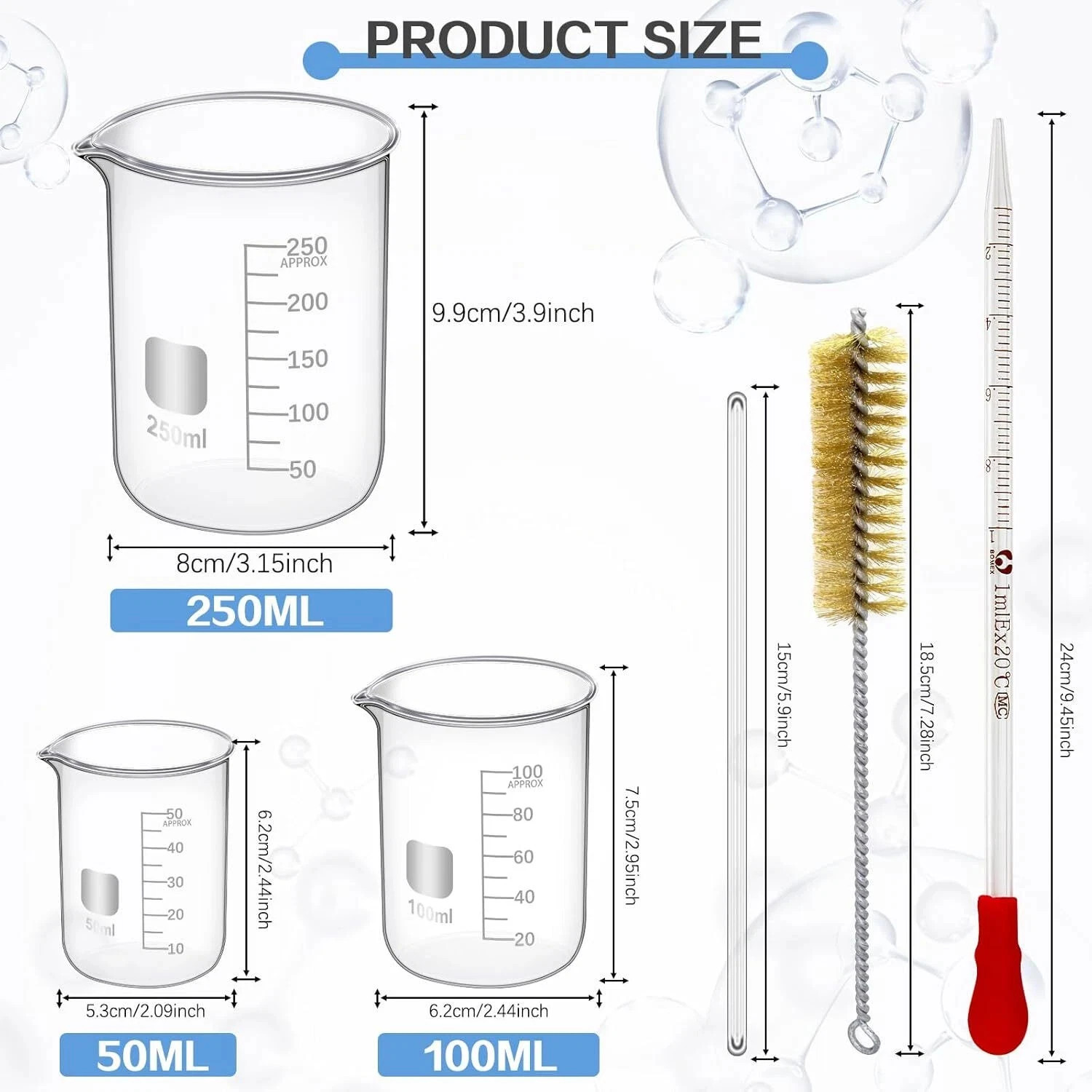 11Pcs Measuring Beaker Lab Flask Graduated Cylinder Glass Beaker Kit Glassware