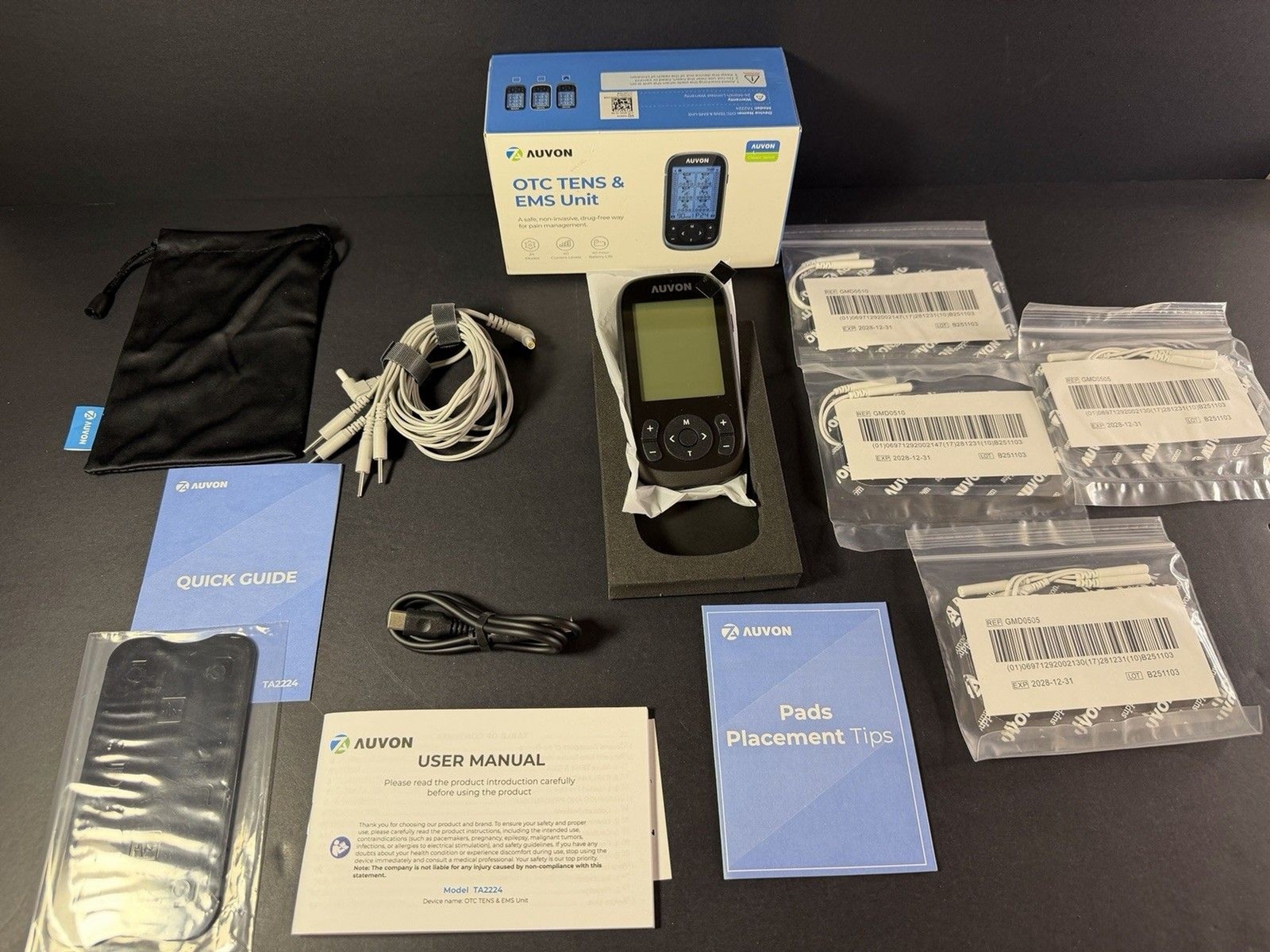 TENS & EMS Unit 40-Hour Battery Model TA2224 Rechargeable 12 TENS Pads Auvon OTC