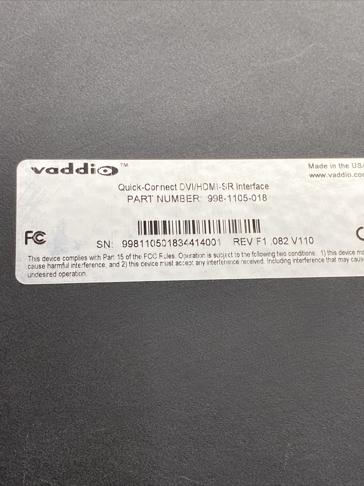 Used Vaddio Quick-Connect DVI/HDMI-SR Interface NO AC Adapter