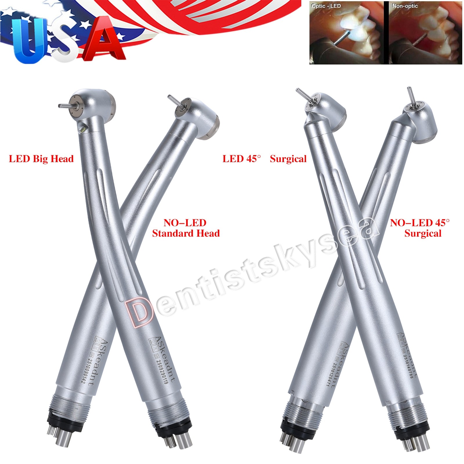 Dental LED 45° High Speed Handpiece Fiber Optic Turbine 4Holes/NO-LED Handpieces