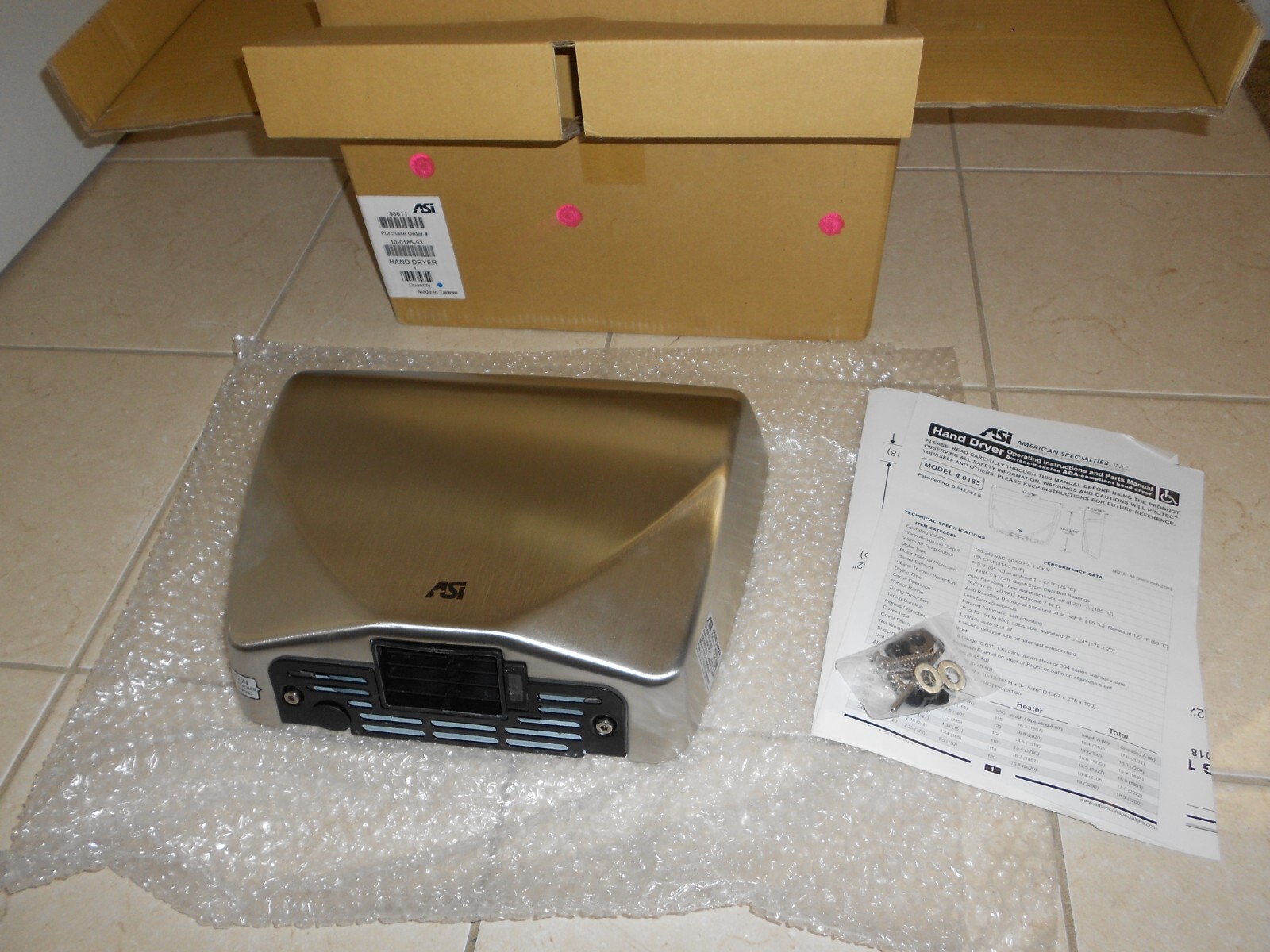 ASI HAND DRYER MODEL 0185-93 SATIN STAINLESS STEEL