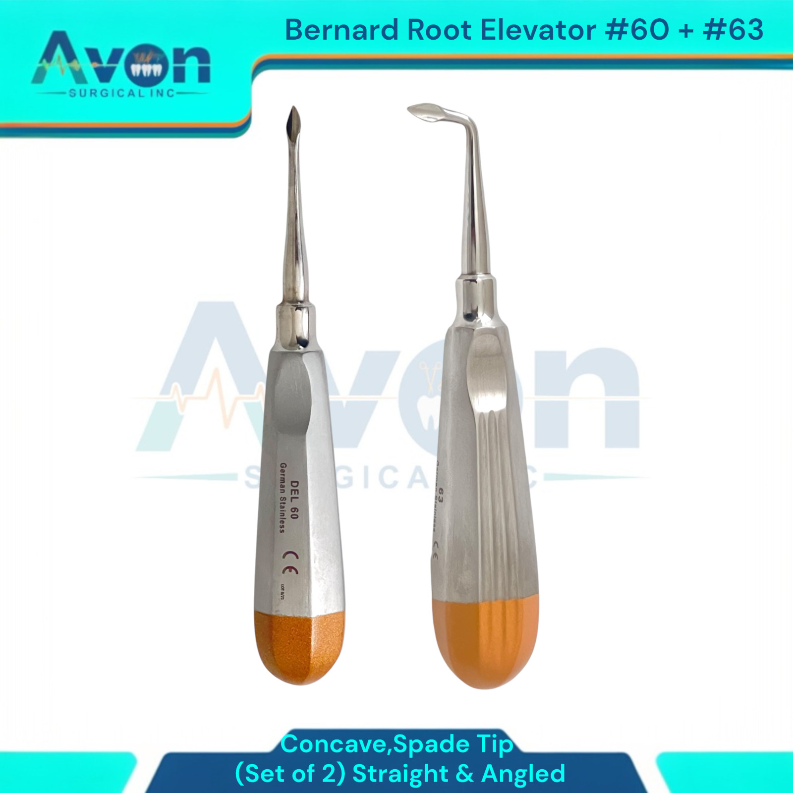 Spade Tip Bernard Root Elevator Pick, #60 Str + #63 Angled, Hollow Handle – 2PK