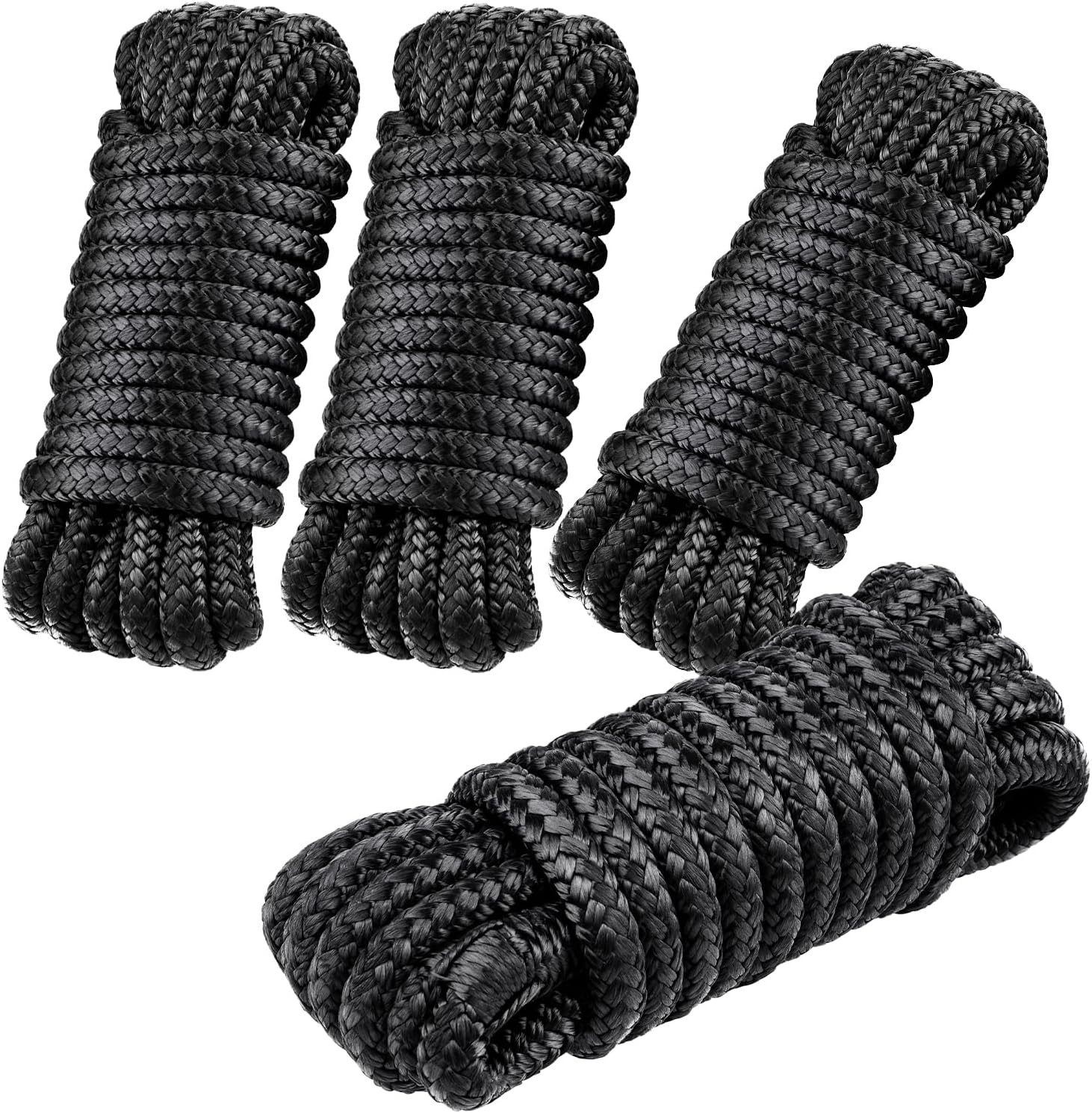 4pc 3/8″ x 15 FT Boat Dock Lines Nylon Double Braided Mooring Rope 12″ Black