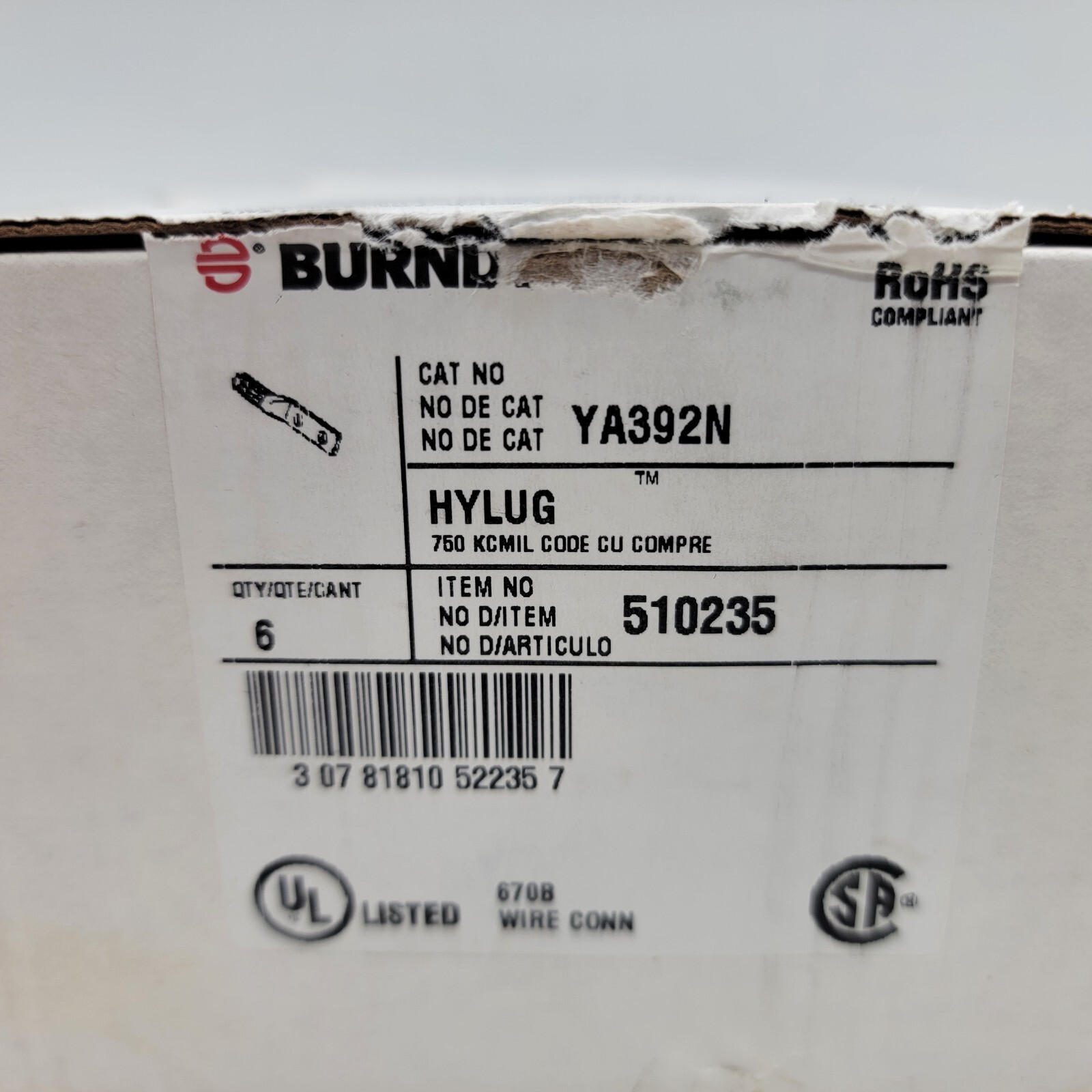 Burndy YA392N 750 KCMIL 1/2″ Stud 2-Hole Compression Lug Box of 6