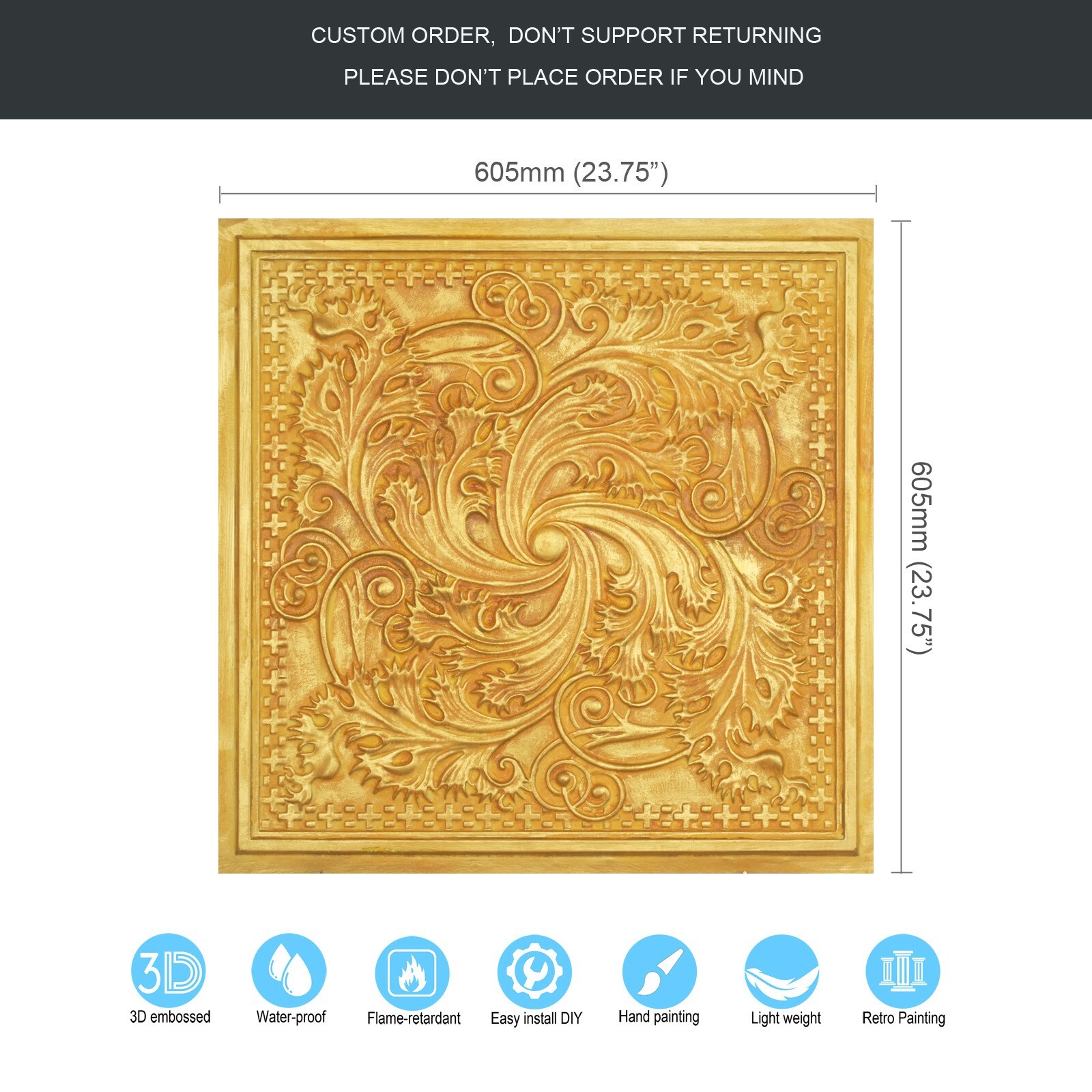 Artistic 3D Ceiling Tile Embossed Interior Wall Panel PL62 golden 10pcs/lot