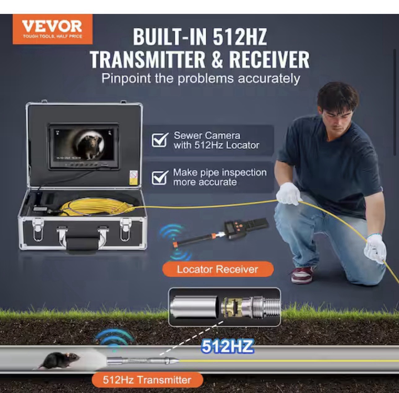 VEVOR 9 In Sewer Camera 50m/165ft Self-Leveling Drain Camera with 512Hz Locator