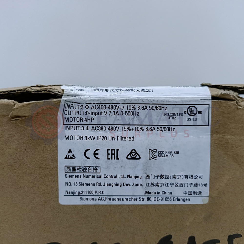 New Siemens 6SL3210-5BE23-0UV0 Inverter Drive, 3 kW, 3 Ph, 400 Vac, 7.3A, V#978