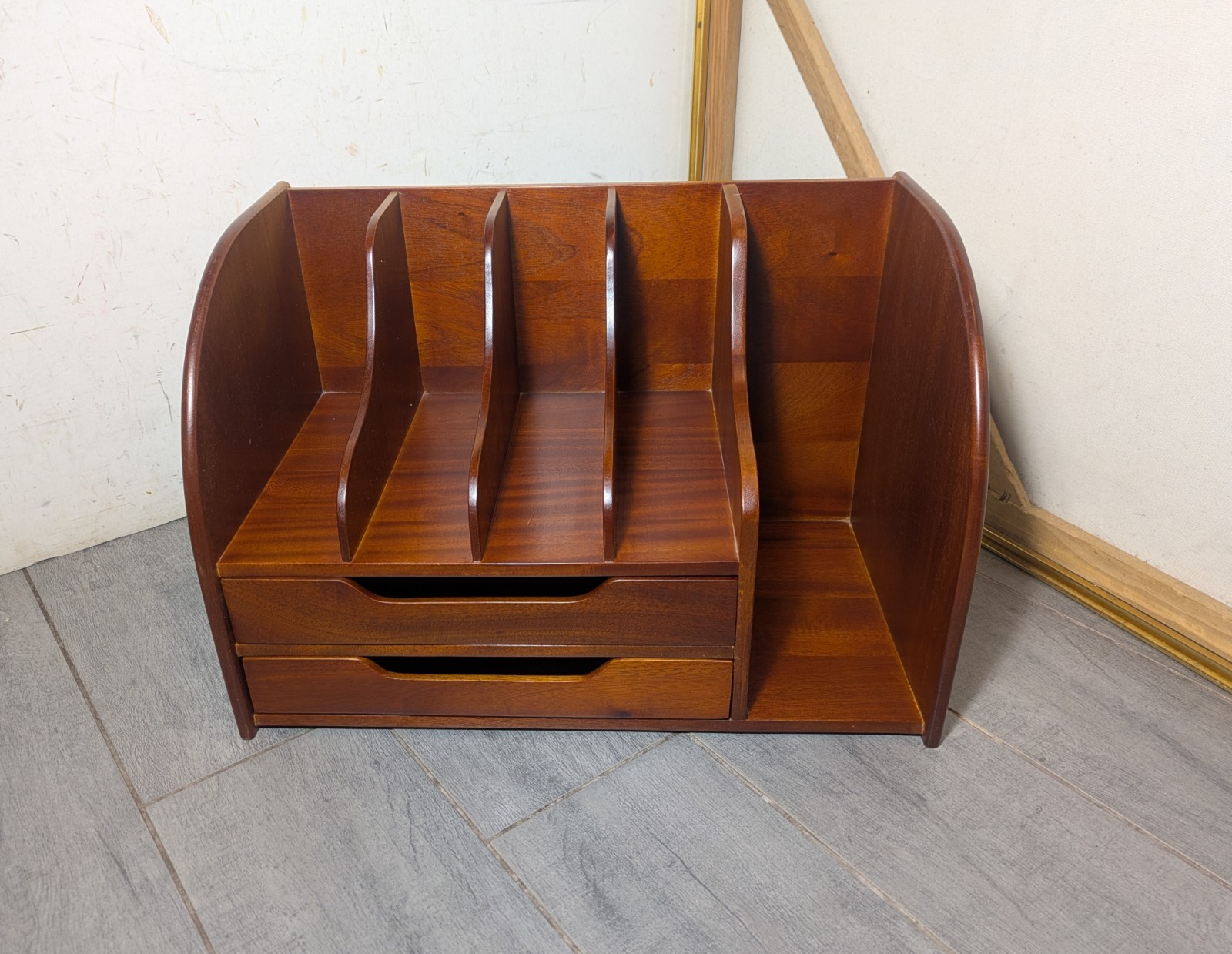 Vintage Mid Century Danish Modern Mahogany Wood Desk Organizer Mail Sorter H66