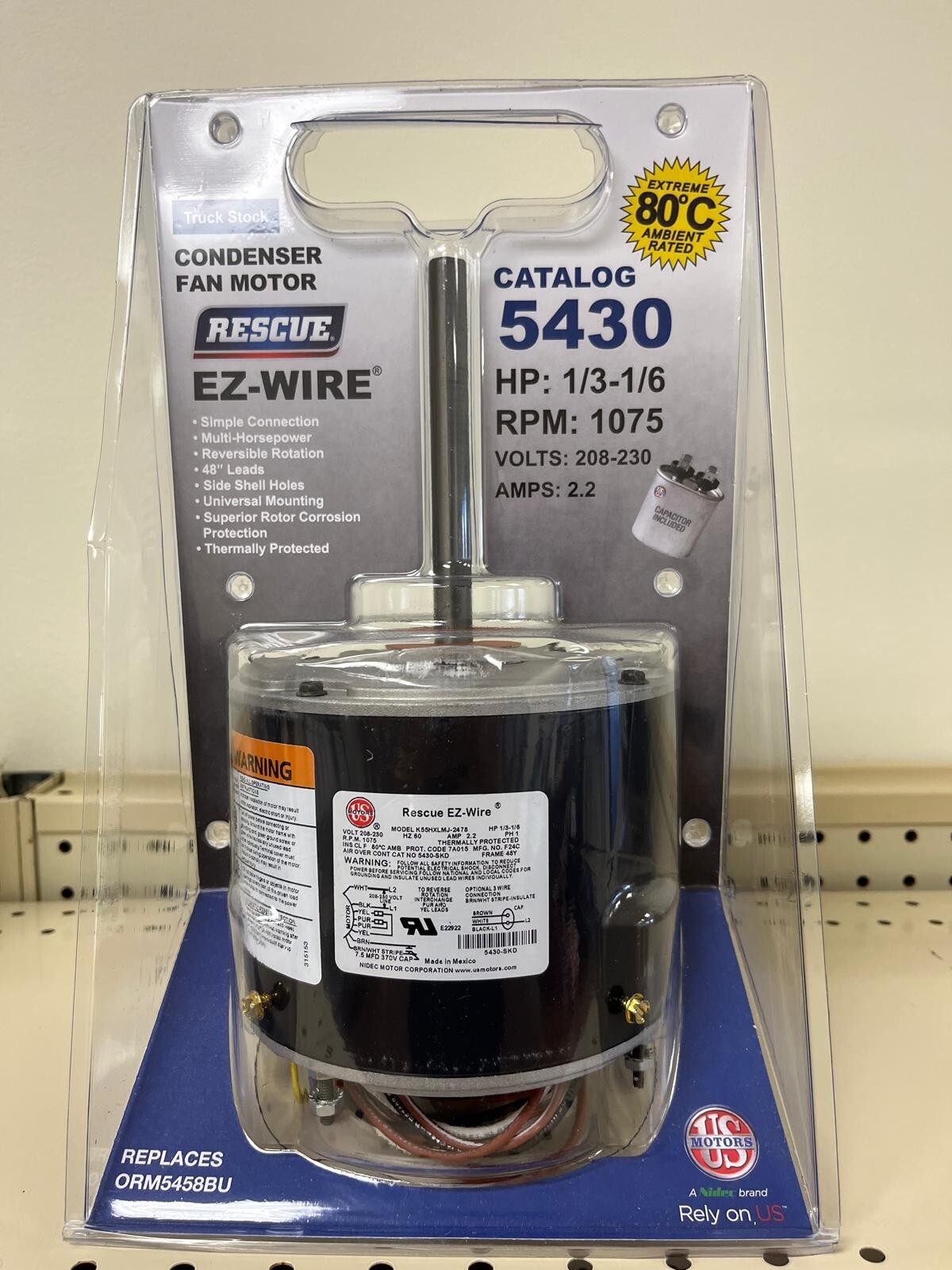 US Motors 5430 RESCUE® EZ-Wire Condenser Fan Motor, 208-230V, 1/3-1/6 HP, 1075