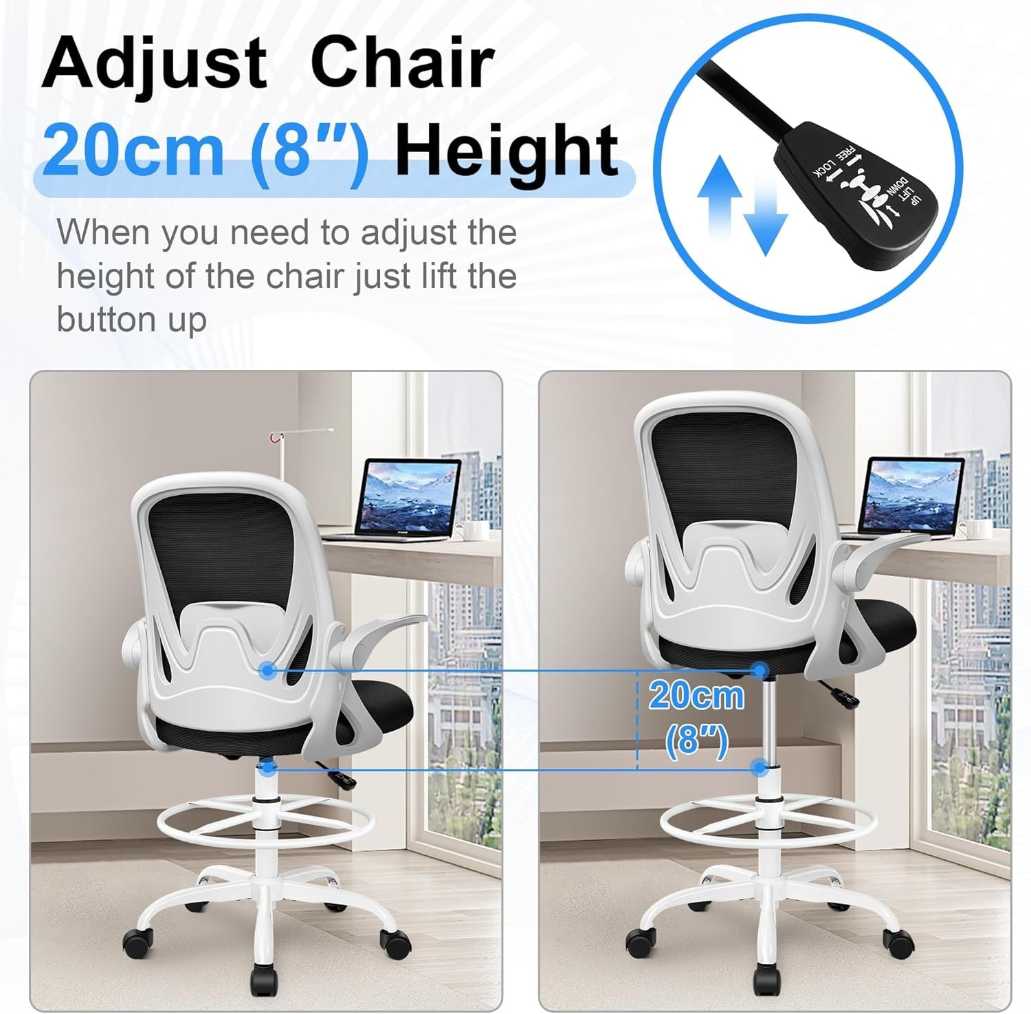 Ergonomic Drafting Chair with Flip-up Armrests – White