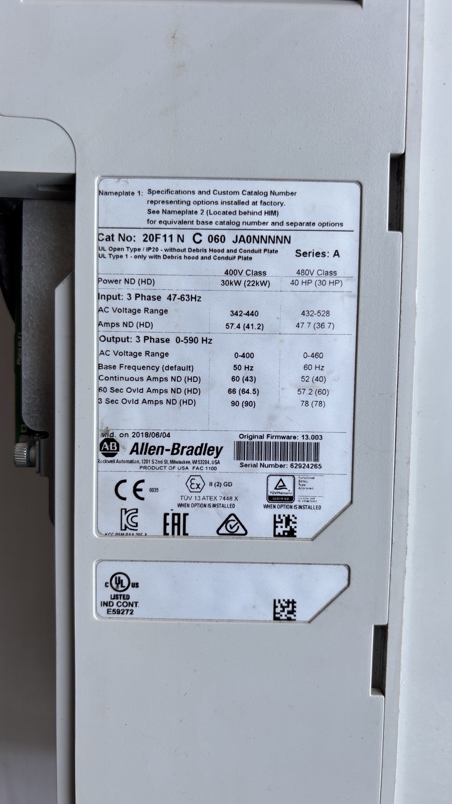 Allen-Bradley 20F11ND052JA0NNNNN 480V 40HP General Purpose AC Drive