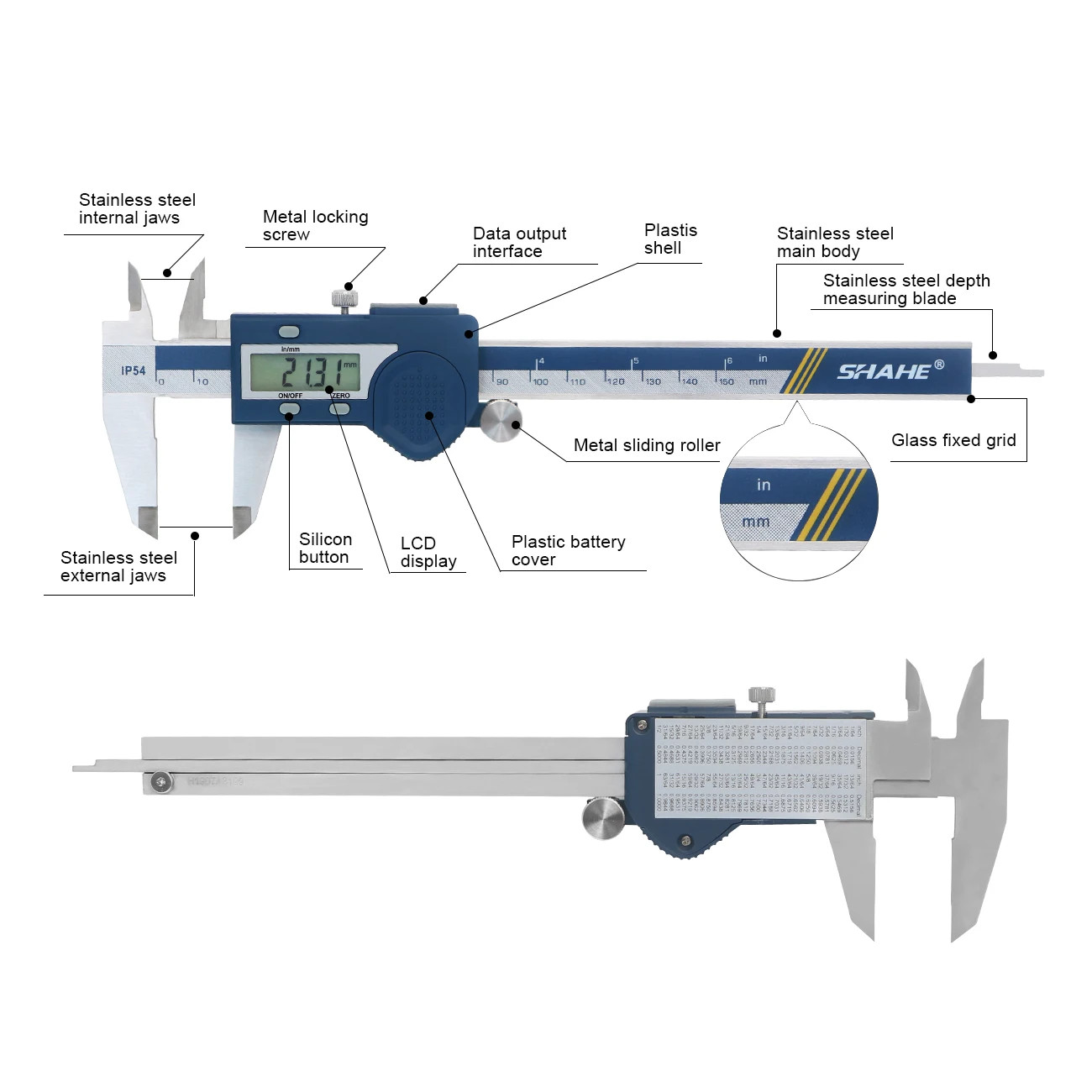 SHAHE Digital Caliper 8 Inch 200mm Hardened Stainless Steel Electronic LCD
