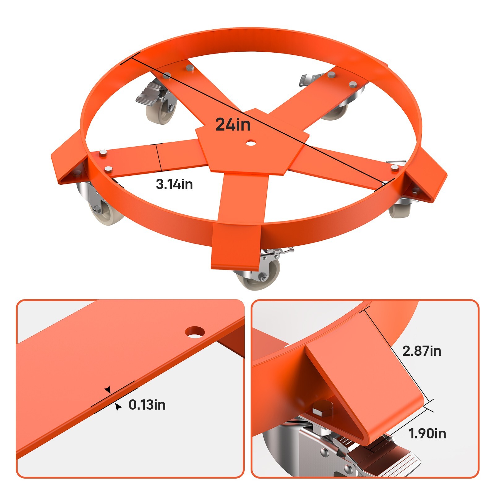 1 Pack 55 Gallon Drum Dolly 1250lbs 360° Swivel Casters Steel Frame