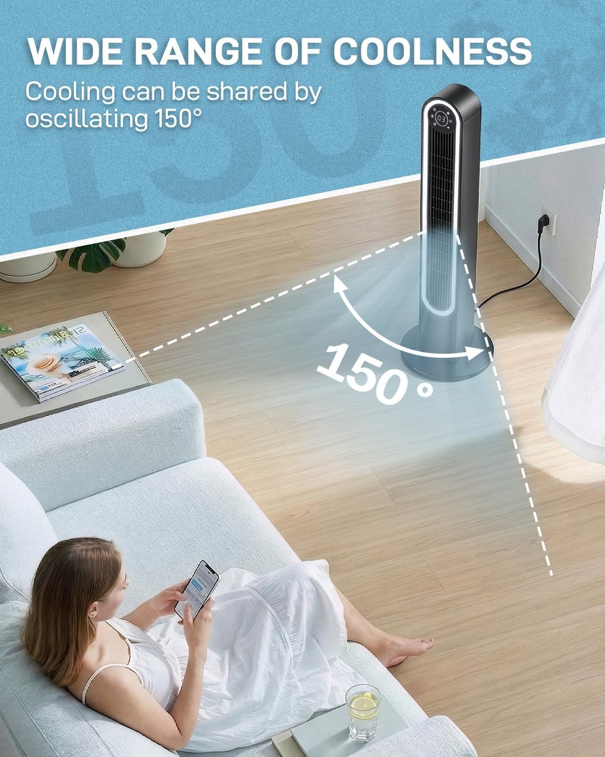 42″ Tower Fan for Bedroom, Standing Fan, 150° Oscillating Floor Fan with Remote