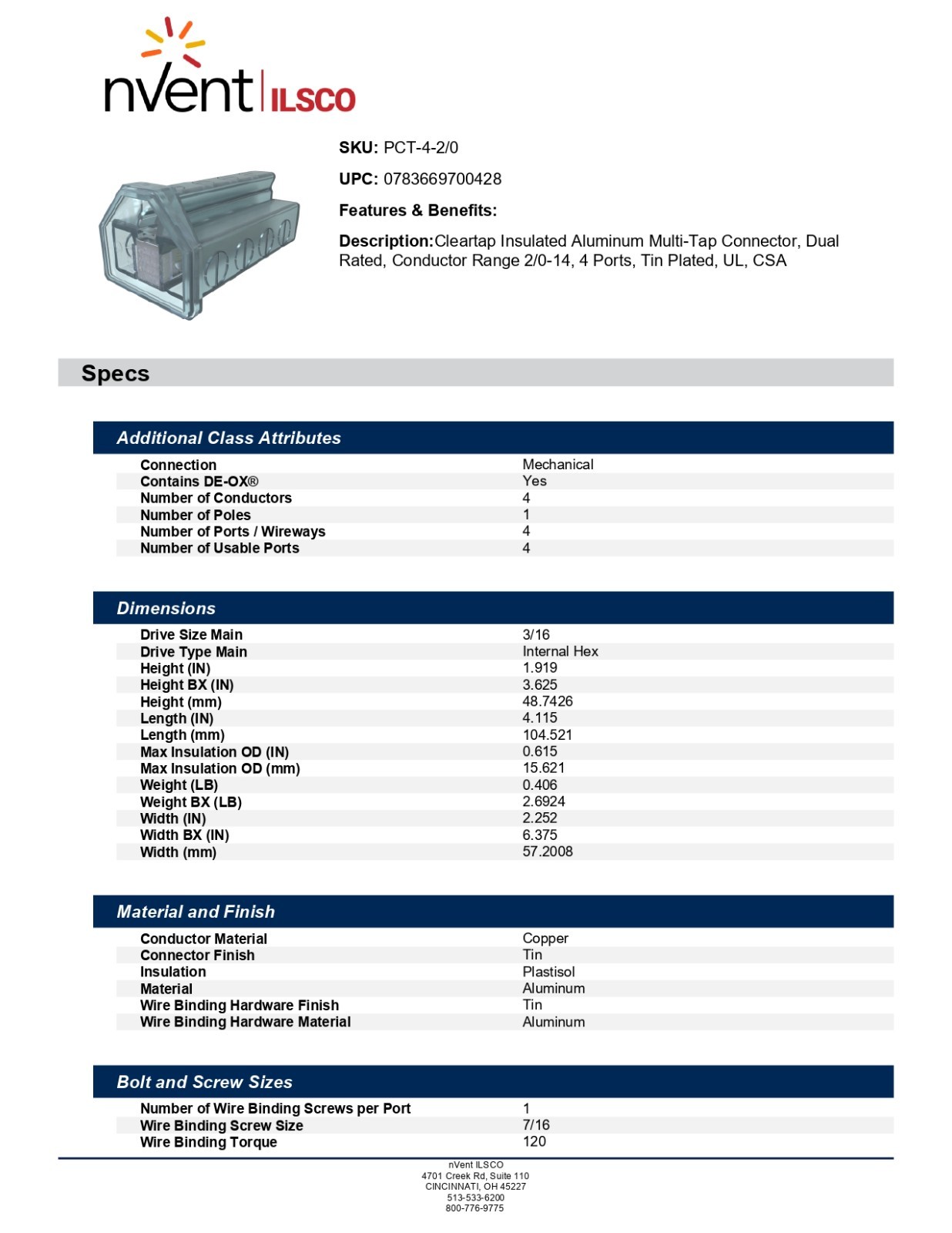 (1) Ilsco PCT-4-2/0 Clear Insulated Multi-Tap Connector 4 Port 2/0-14 AWG CU/AL