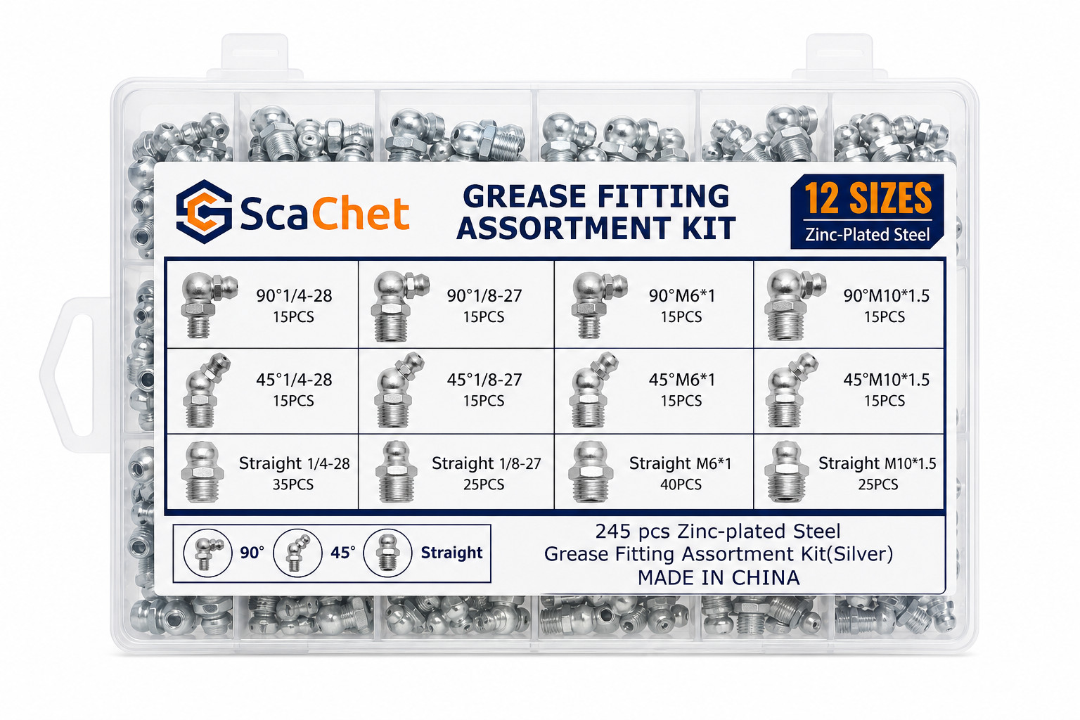 Grease Fitting Assortment Kit 245pcs 12 Sizes SAE Metric Zerk Fittings Steel