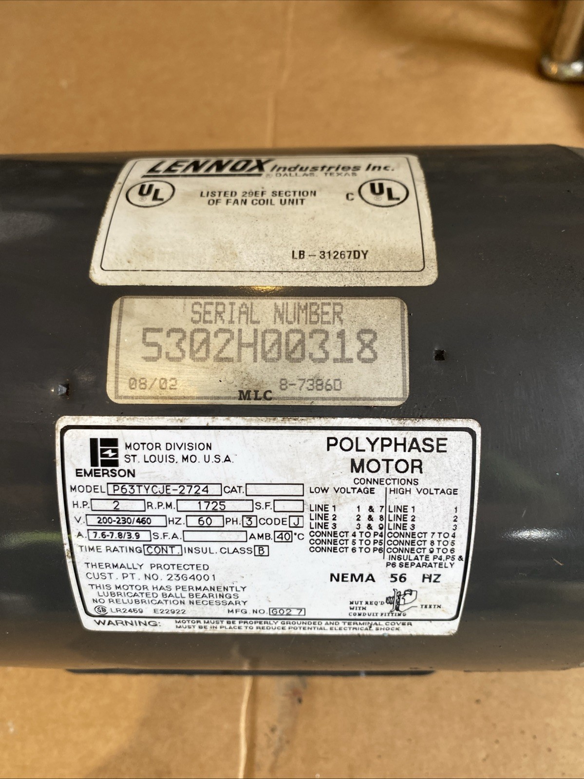Lennox Emerson P63TYCJE-2724 Polyphase Motor 2HP 3 Phase