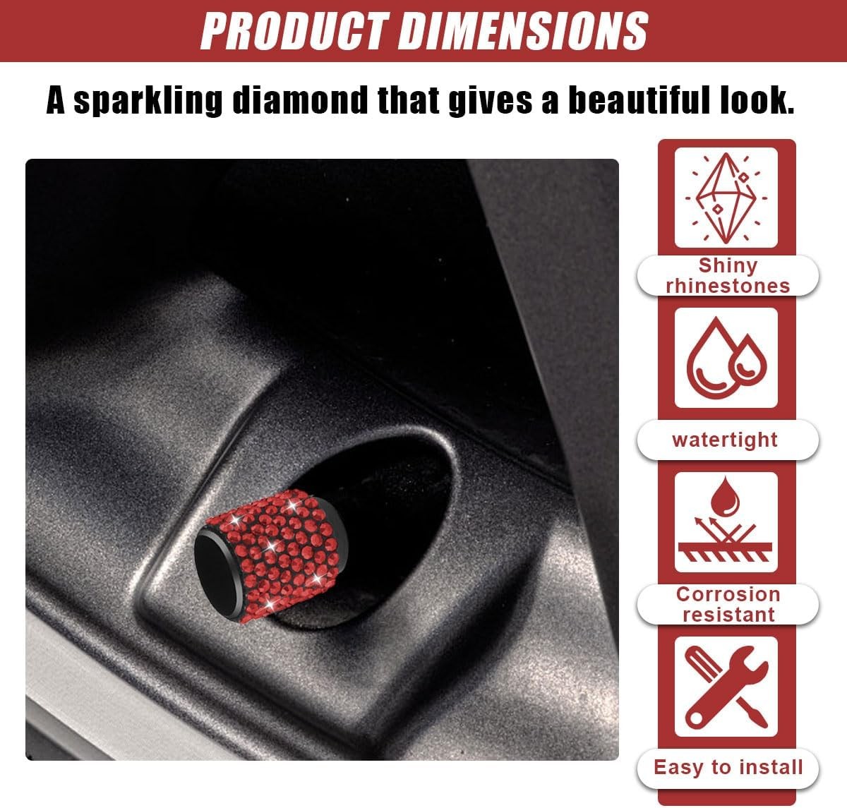 4PCS Handmade Bling Crystal Diamond Tire Valve Caps, Shinny Rhinest Color: Red