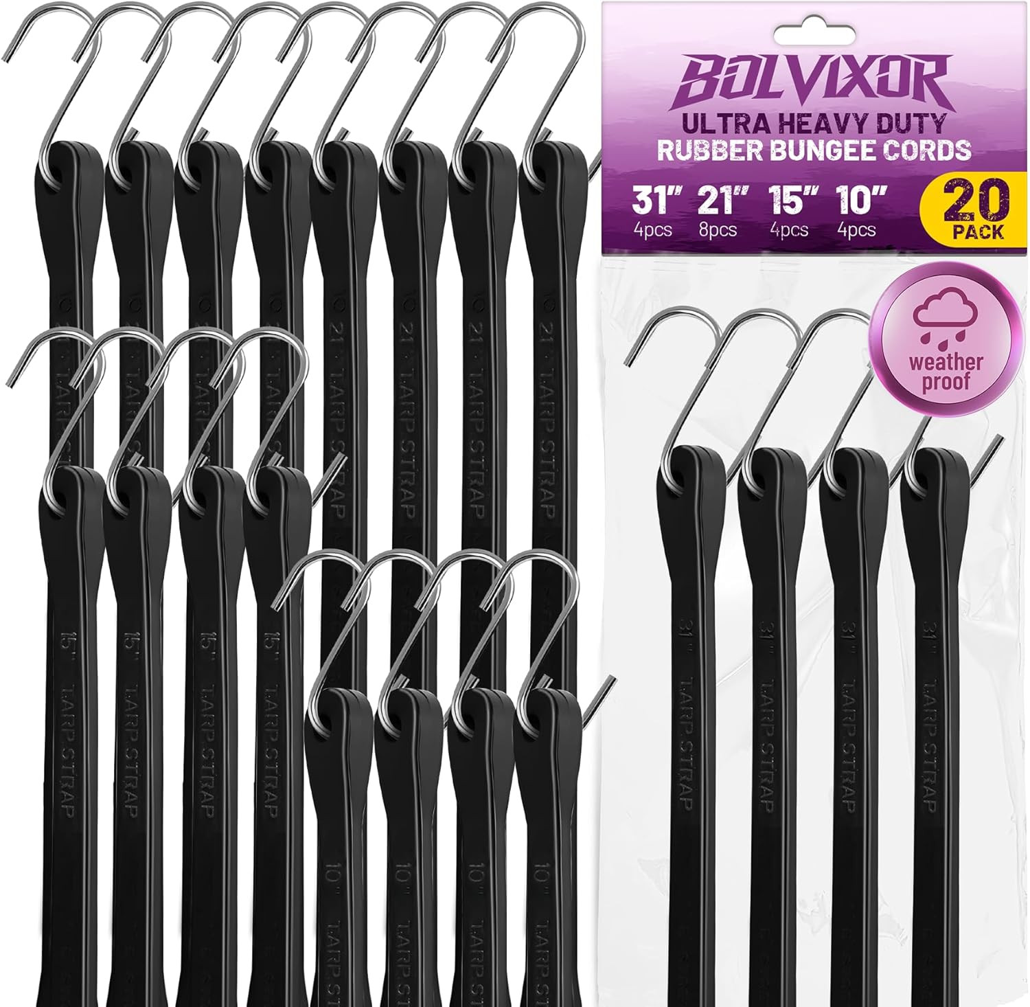 Bungee Cords with Hooks (20 Pack) – 10″, 15″, 21″, 31″ Heavy Duty EPDM Rubber Ta