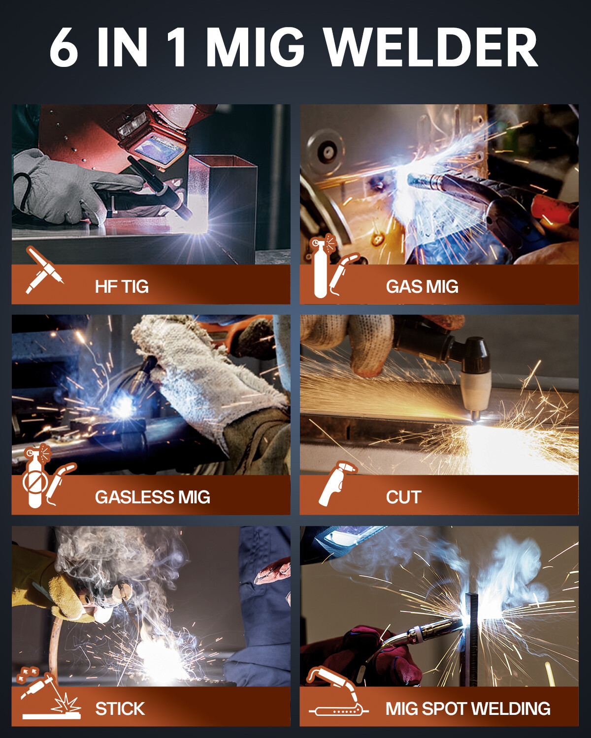 6in1 Plasma Cutter 200A Spot Gas Gasless-MIG MMA HF-TIG Welding Machine for ALU