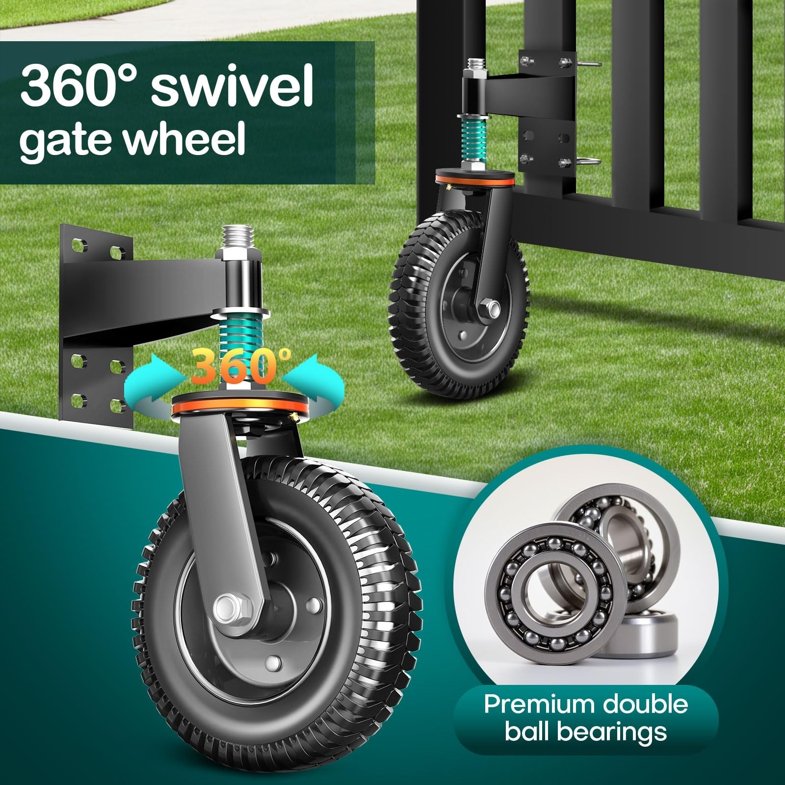8″ Heavy Duty Gate Wheel, 750 lb Capacity, Fits Metal/Wood Gates, 360° Swivel Ca