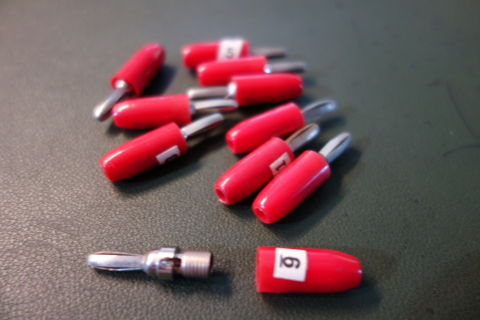 10 each Vintage HH Smith 455 Red Solderless Banana Male Plug,15 Amps 1 KV.