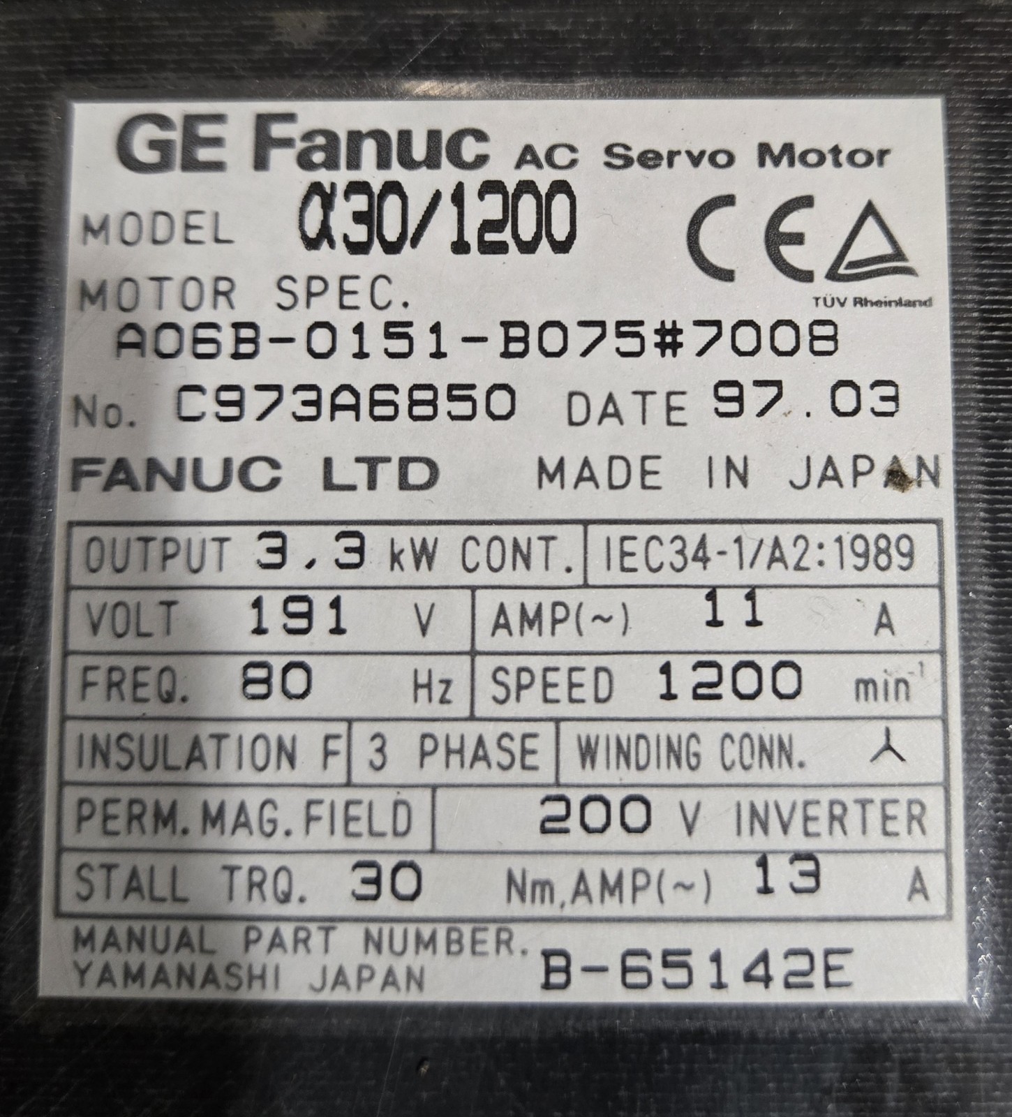 GE FANUC a30/1200 AC SERVO MOTOR A06B-0151-B075#7008. 3.3kW, 191V, 11A, 1200 RPM