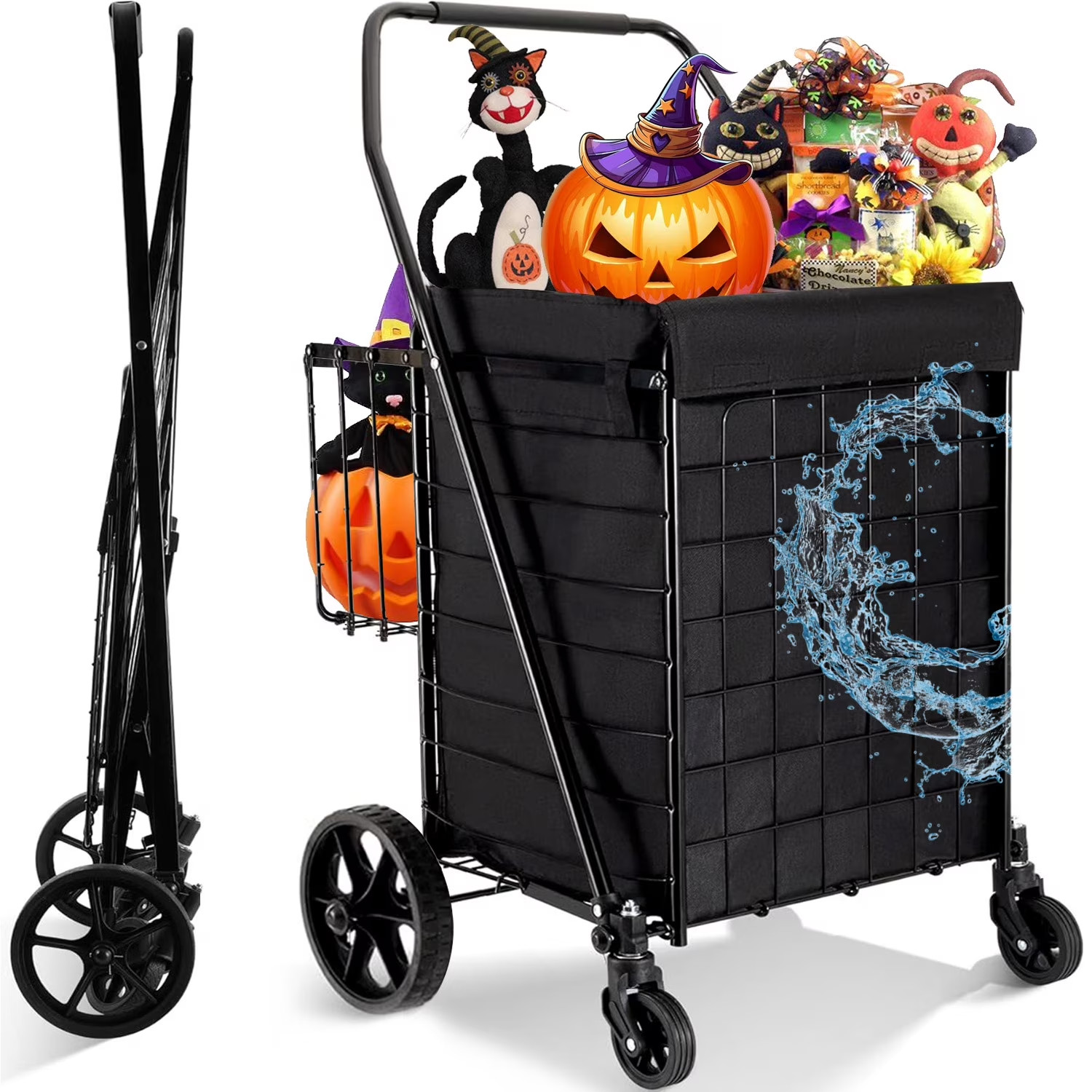 Folding Shopping Cart, Utility Trolley w/Removable Basket, Swivel Wheels, Black