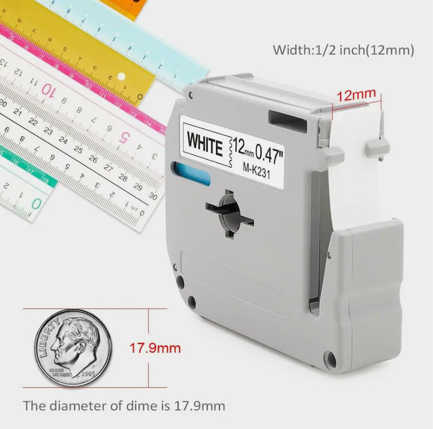 4pk Label Maker Tape 12mm 0.47 Compatible w/ Brother M-K231s P-Touch BLACK WHITE
