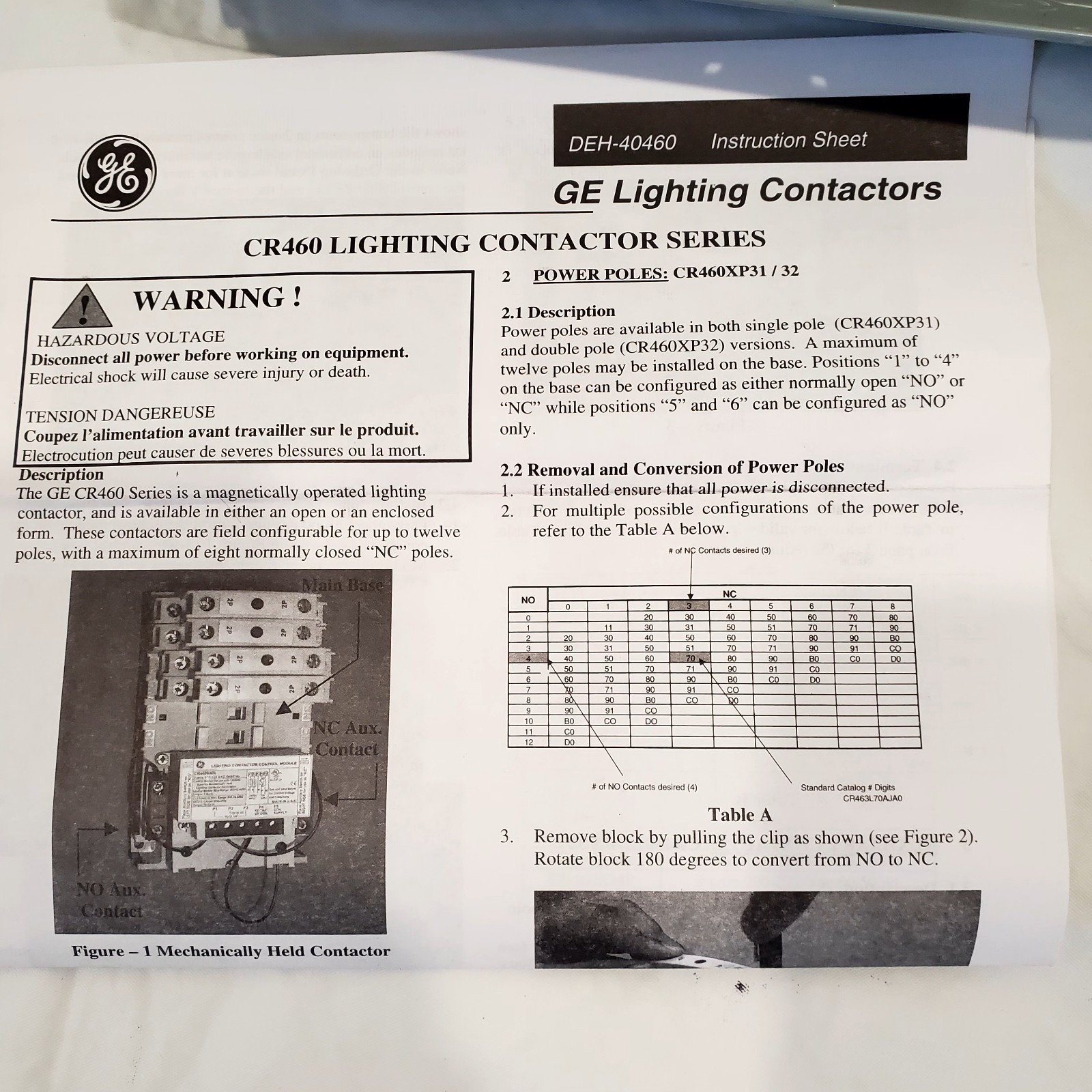 Ge 463L40ANA 10AO 277Vac Electrically Held Lighting Contactor 4P 30A