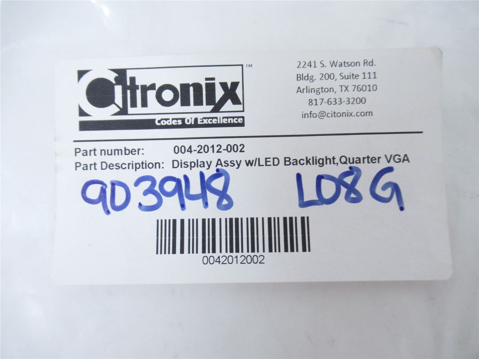 244593 New-No Box; Citronix 004-2012-002 DisplayAssemblyw/LED Quarter VGA