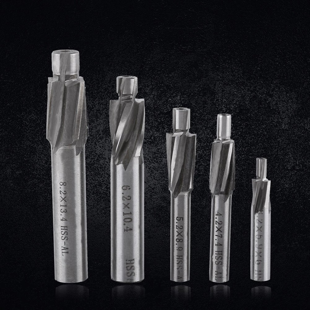 5Pcs Counterbore Drill Bits Set, 4 Flutes Straight End Mill Cutter HSS Countersi
