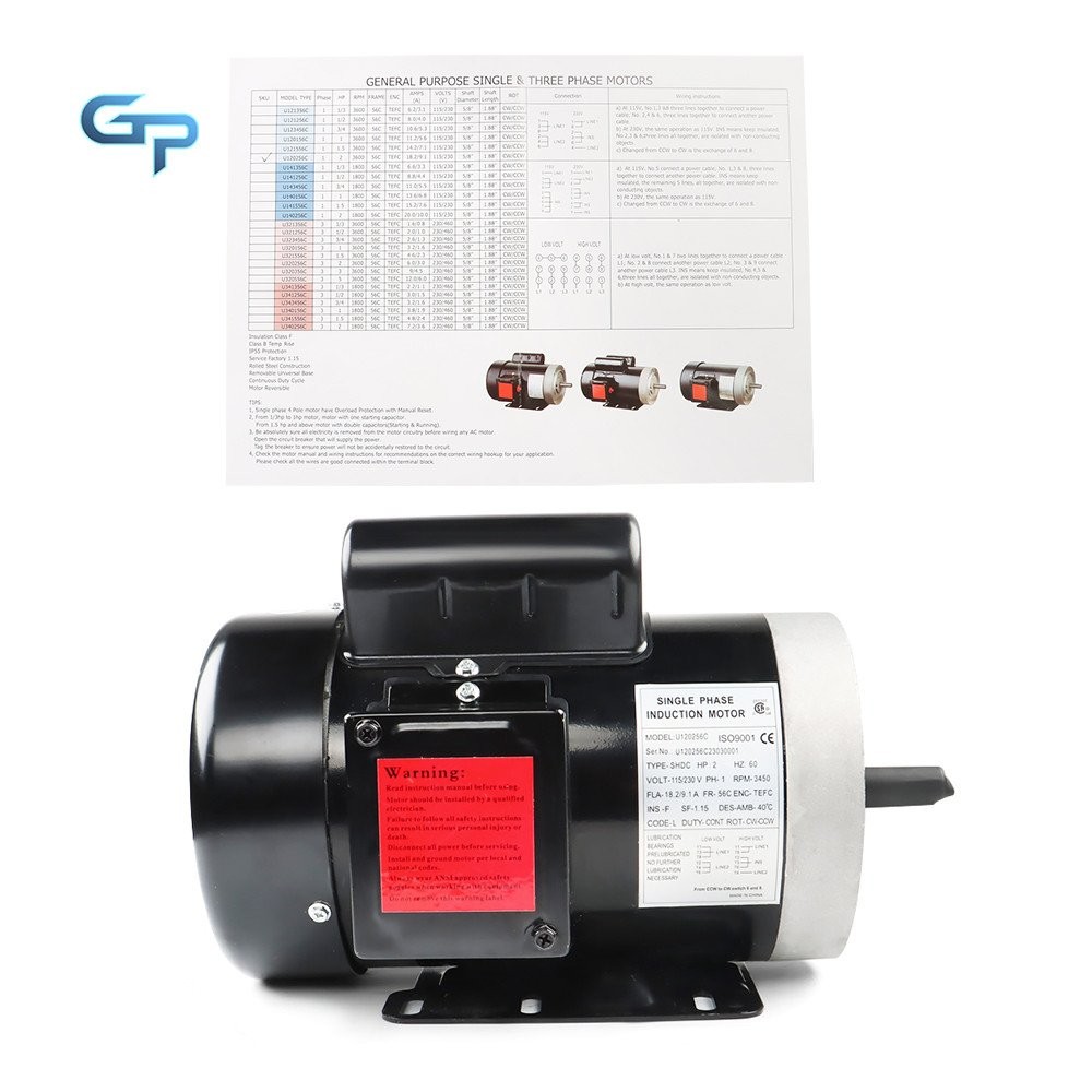 Purpose Single Phase Motor 56C Frame 115V/230V 2 HP Electric Motor 3450 RPM 60HZ