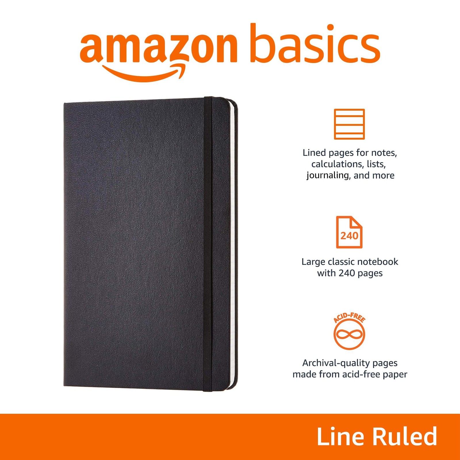 Amazon Basics Classic Lined Writing Notebook for Note Taking 1 Pack, Black