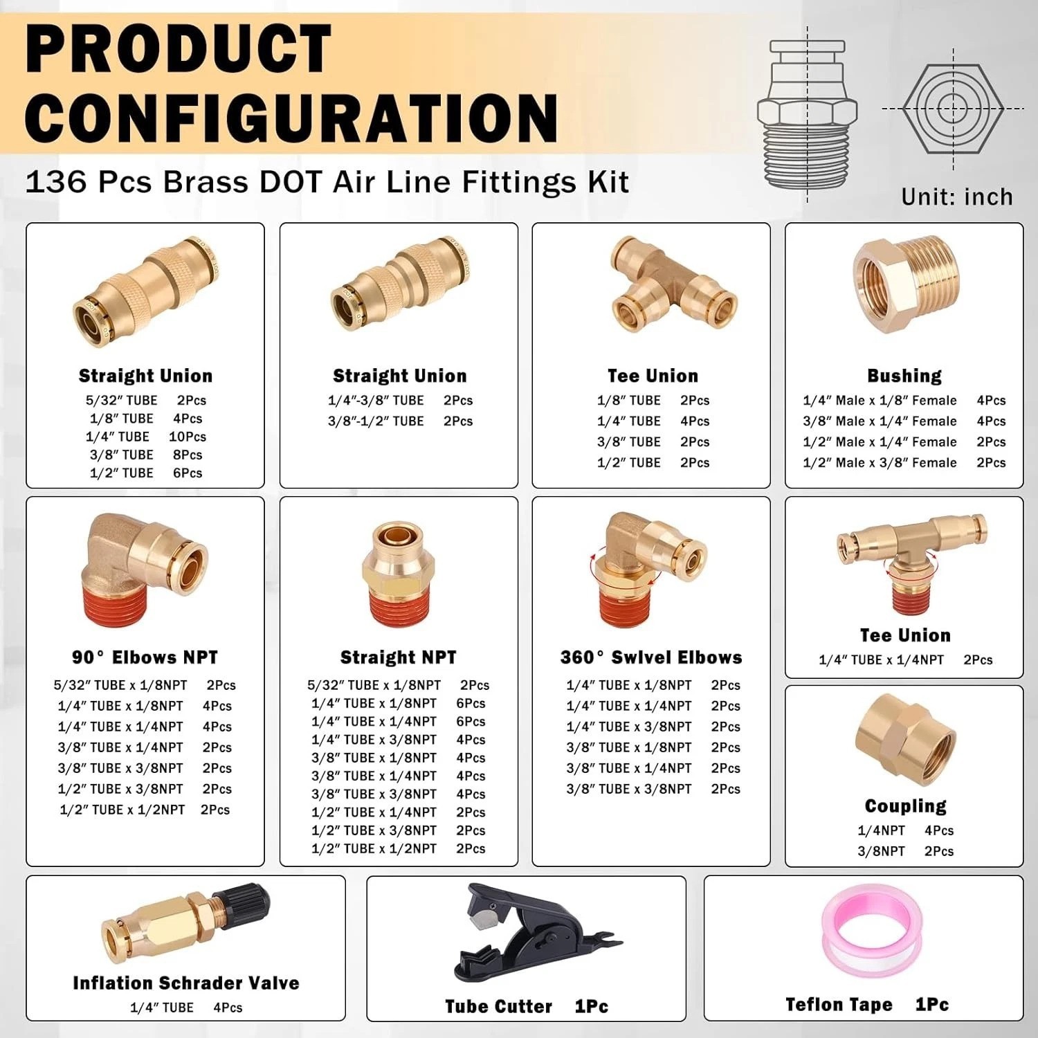 Complete 136 PCS Brass DOT Air Line Fittings – Quick Connect