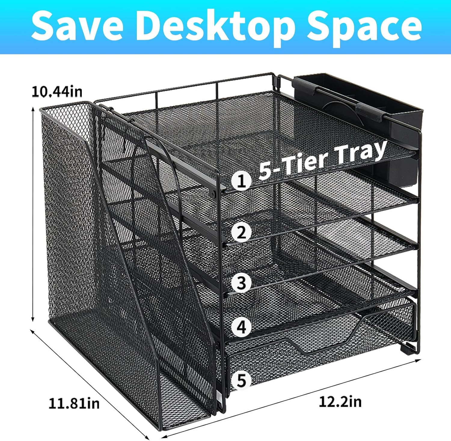 5 Tier Desk File Organizer with Drawer Pen Holder Metal Mesh Black