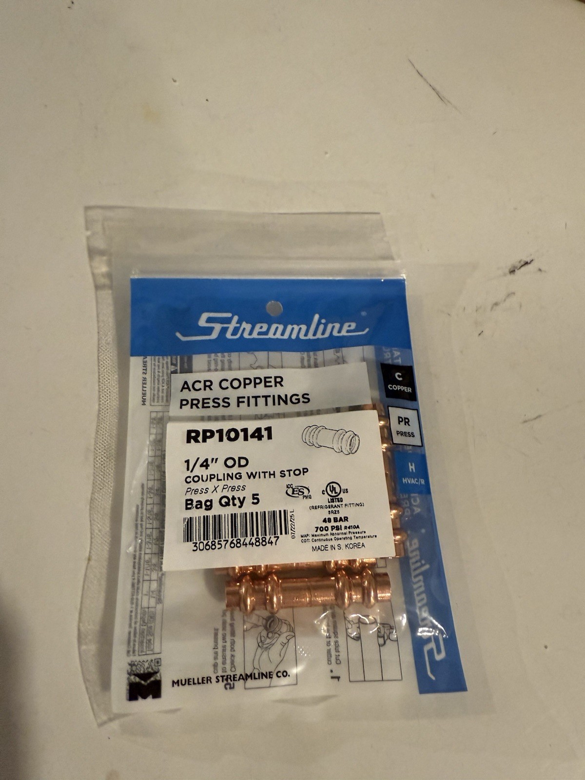 Streamline ACR Copper Press Fittings 1/4″ – 5 Pcs per pack – New