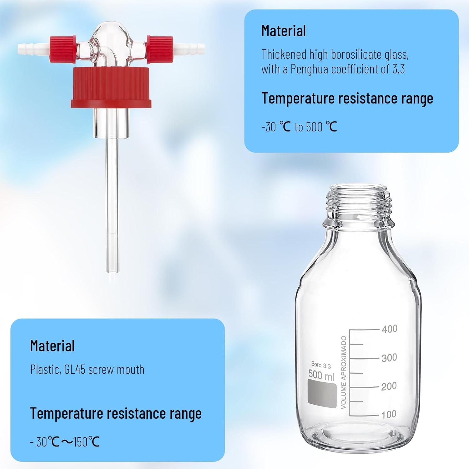 250/500mL Lab Gas Washing Lab Buffer Bottle Glass Vacuum Wash GL45 Bottle Glass