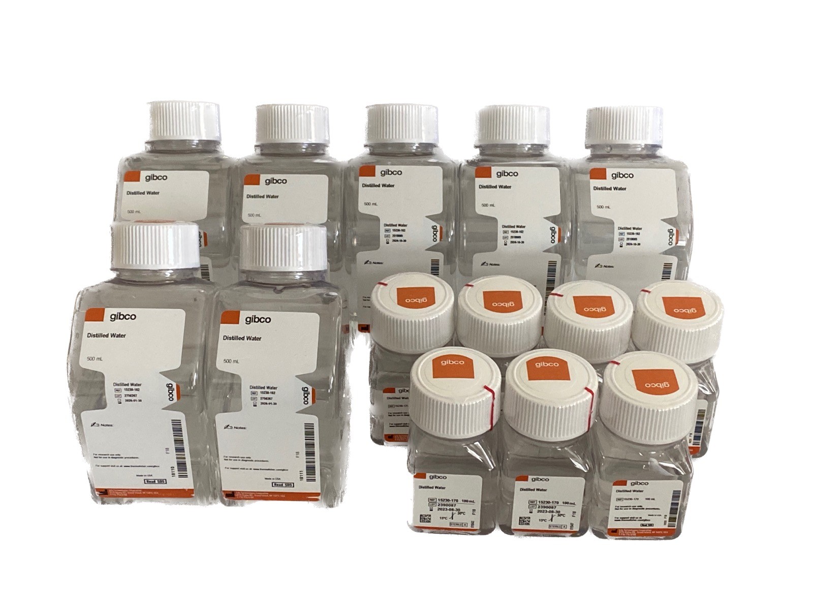 (14) GIBCO 100mL & 500mL Laboratory Distilled Water Bottles 15230-162 15230-170
