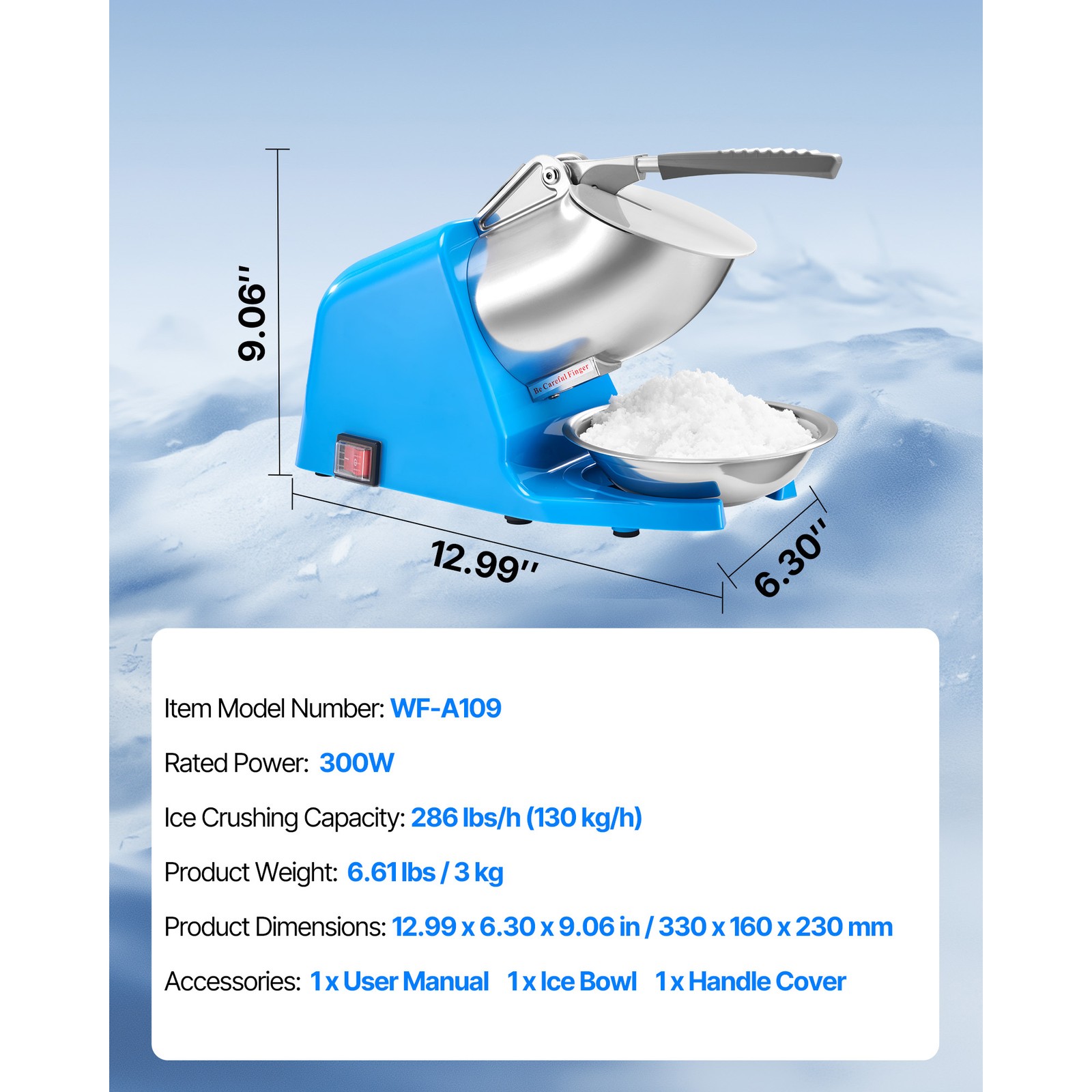 Uimoso Electric Ice Crusher 286LBS/H Shaved Ice Machine for Commercial Use, Blue