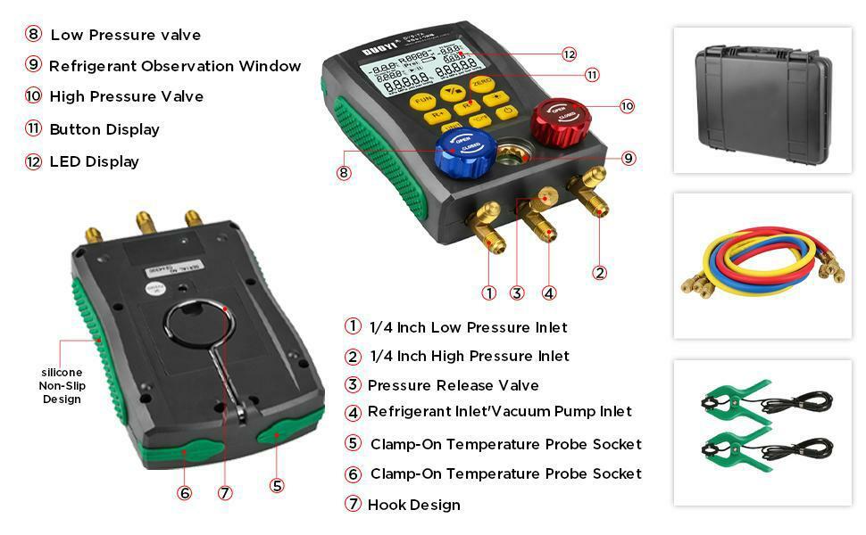 Digital Refrigeration HVAC Vacuum Pressure Temperature Tester Manifold Gauge Kit