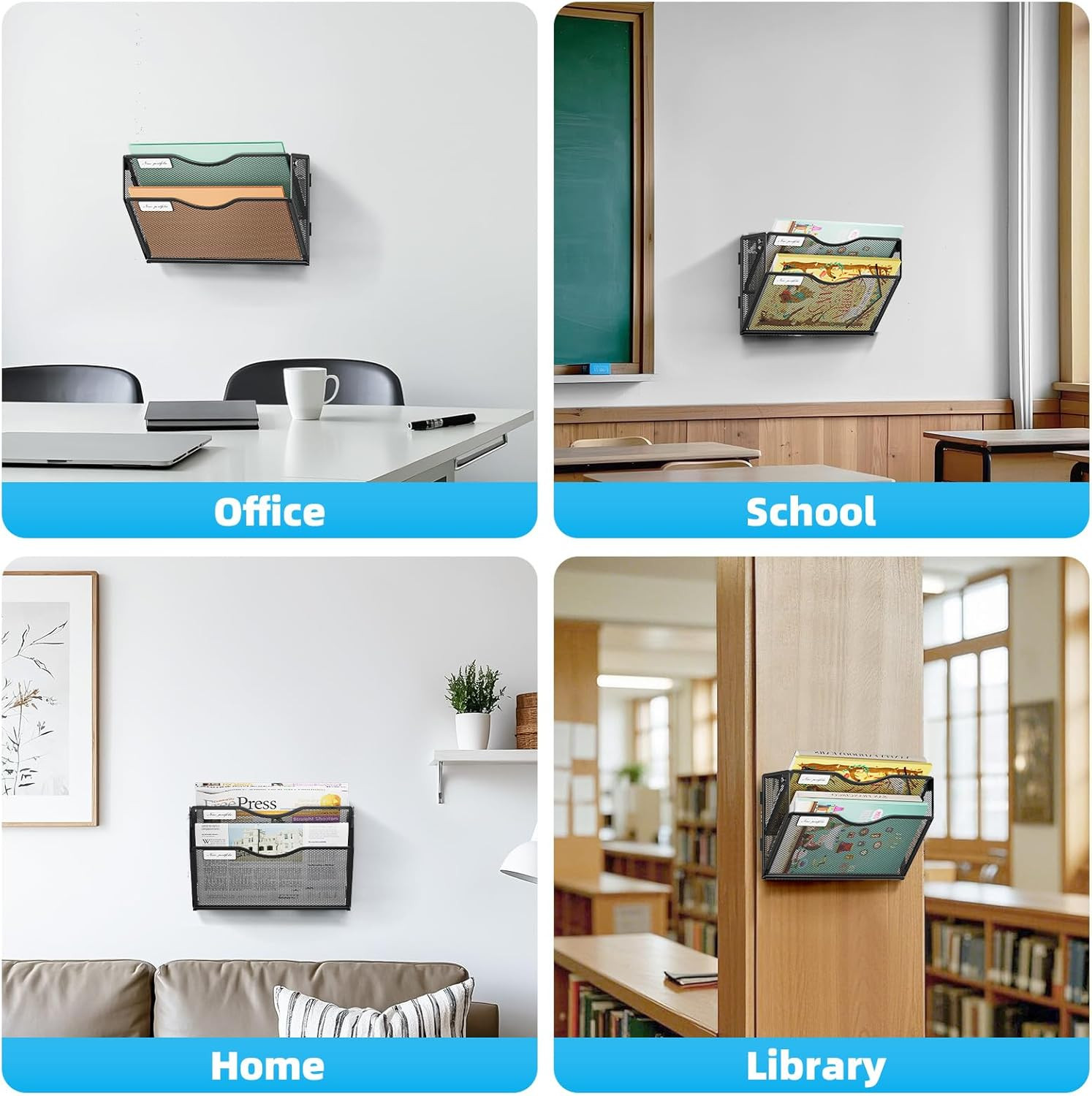 2 Tier Wall File Organizer Mesh Hanging Mail Holder Office Home Black Storage