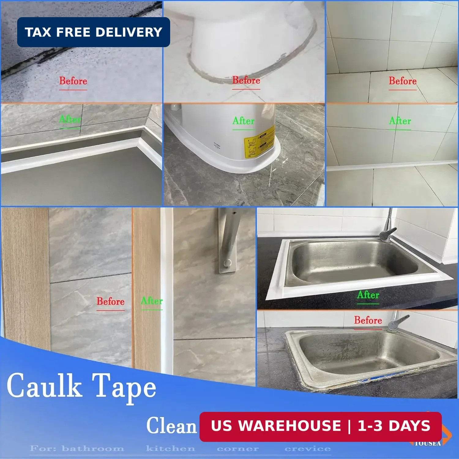 TOUSEA Professional Waterproof Caulk Strip – Self Adhesive White Sealing Tape fo