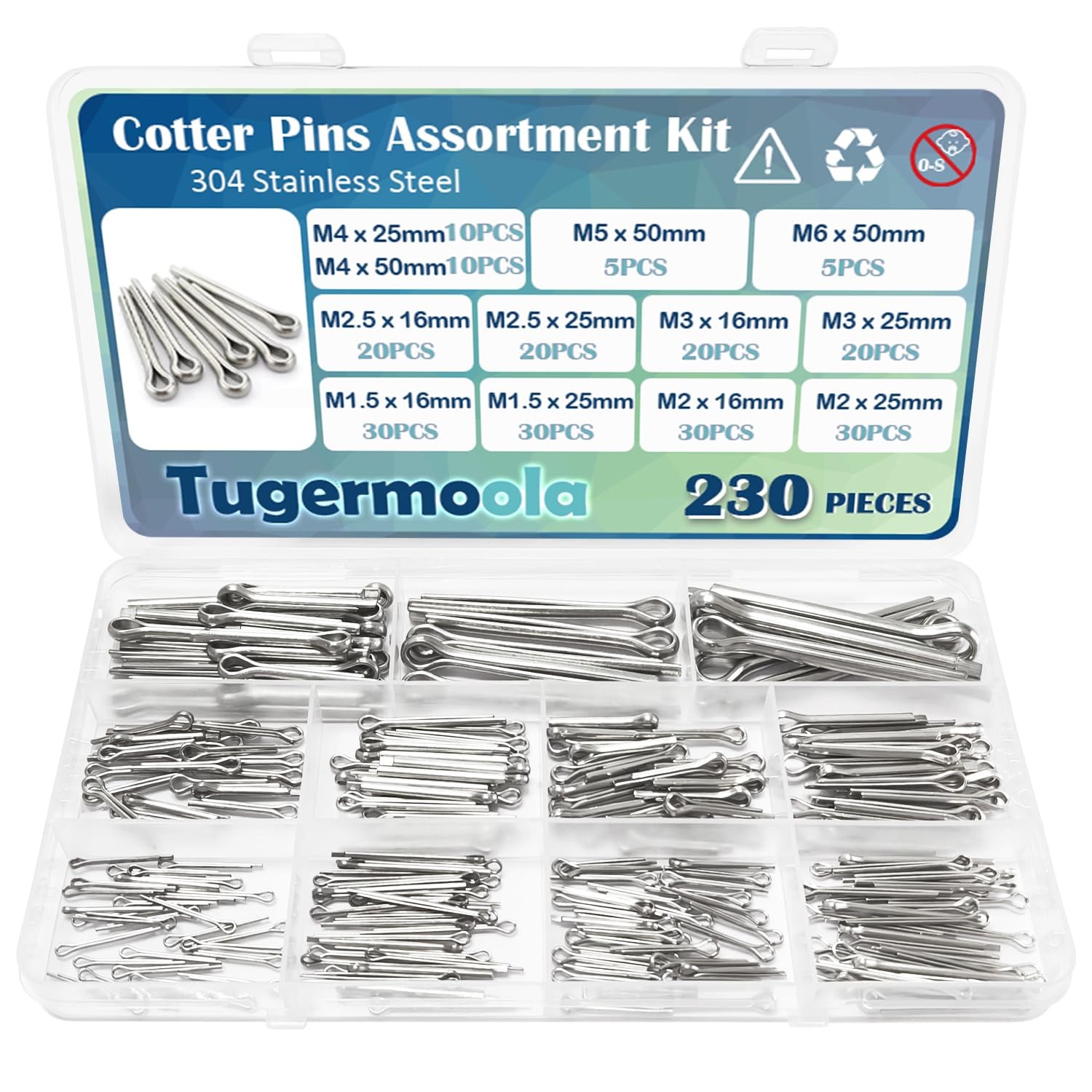 230PCS Cotter Pins Assortment Kit 304 Stainless Steel Split Pin.12 Sizes