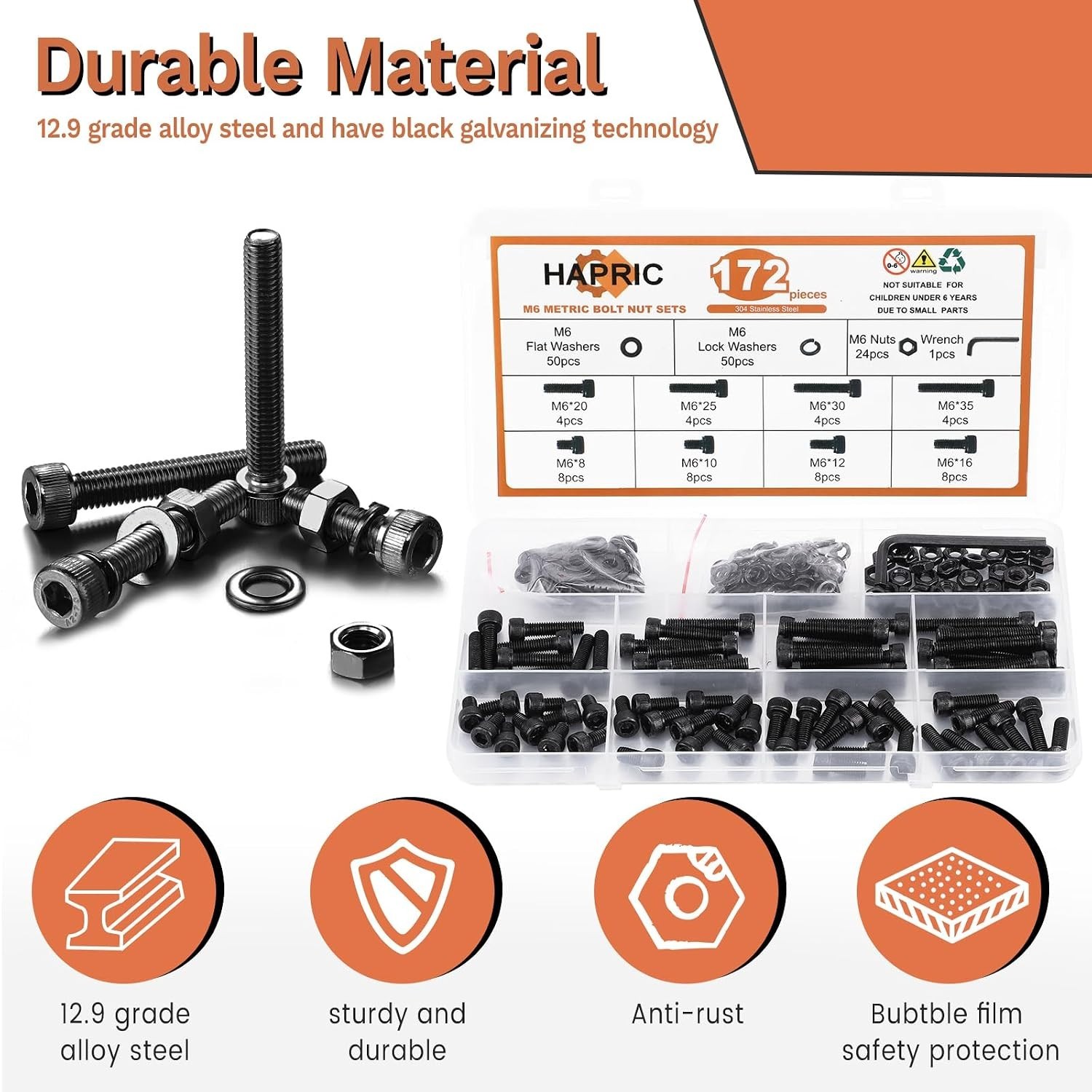 Complete 172-Pcs M6 Bolts Assortment: Black Zinc Plated Steel for Durability