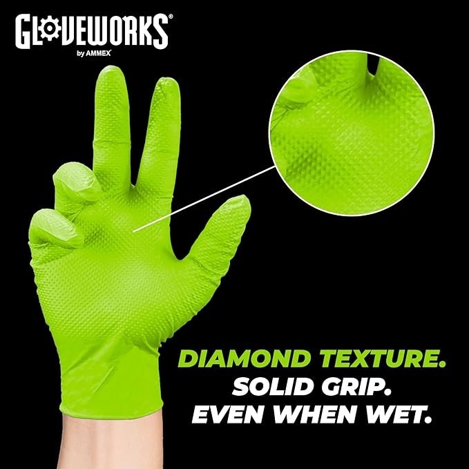 GLOVEWORKS 8 mil Disposable HD Nitrile Gloves, Pack of 100, Large, Green