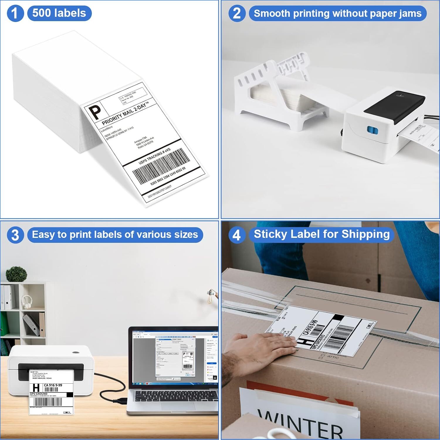 100-2000 4″x6″ Fanfold Direct Thermal Shipping Labels for Zebra Rollo Printers